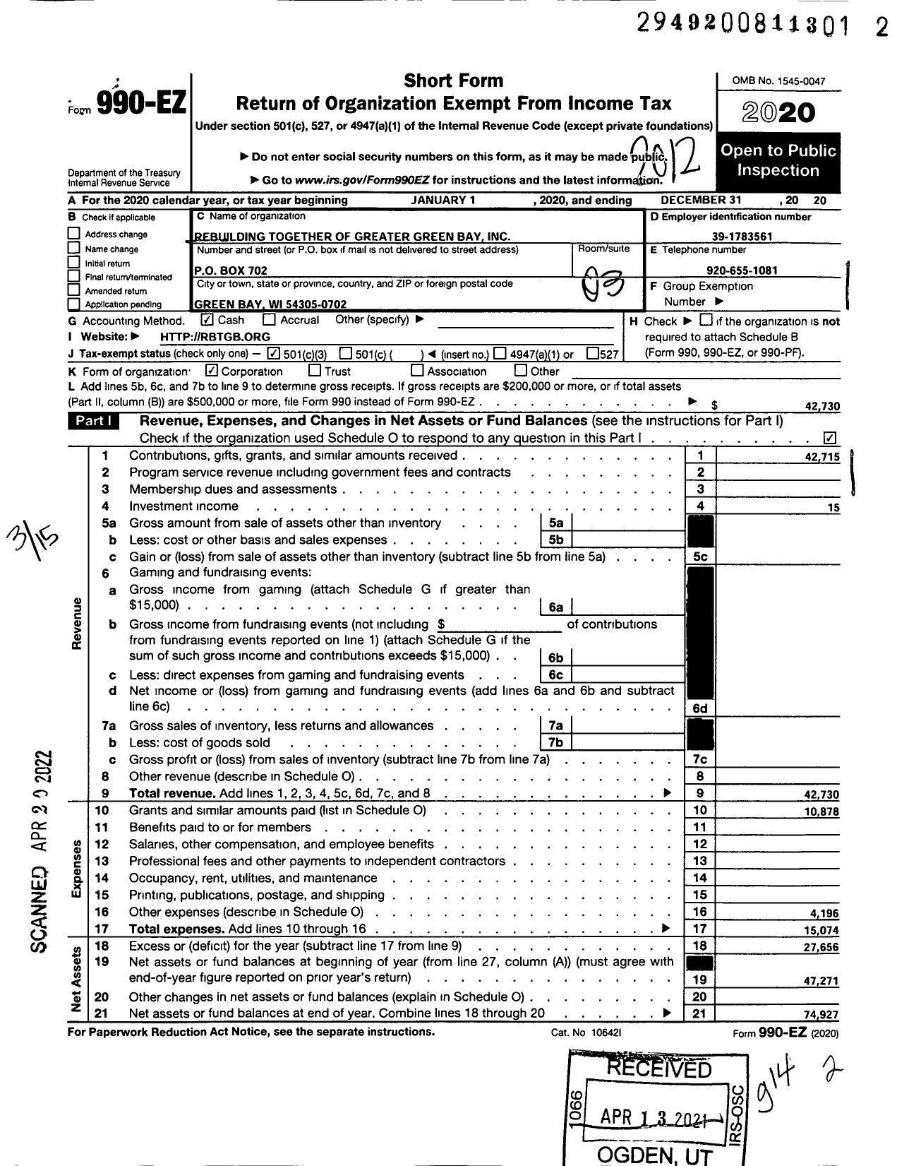 Image of first page of 2020 Form 990EZ for Rebuilding Together of Greater Green Bay