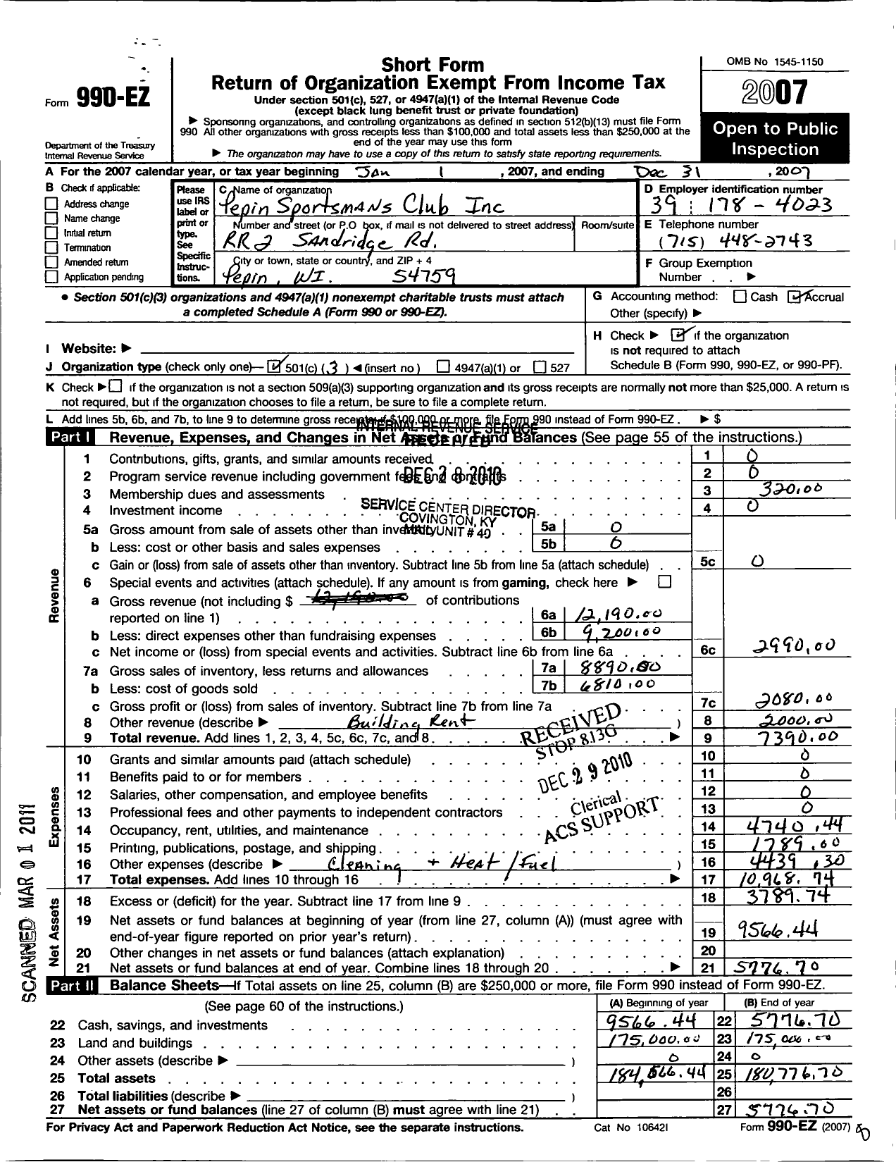 Image of first page of 2007 Form 990EZ for Pepin Sportmans Club