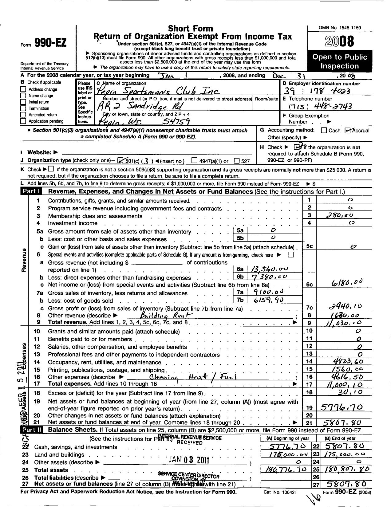 Image of first page of 2008 Form 990EZ for Pepin Sportmans Club