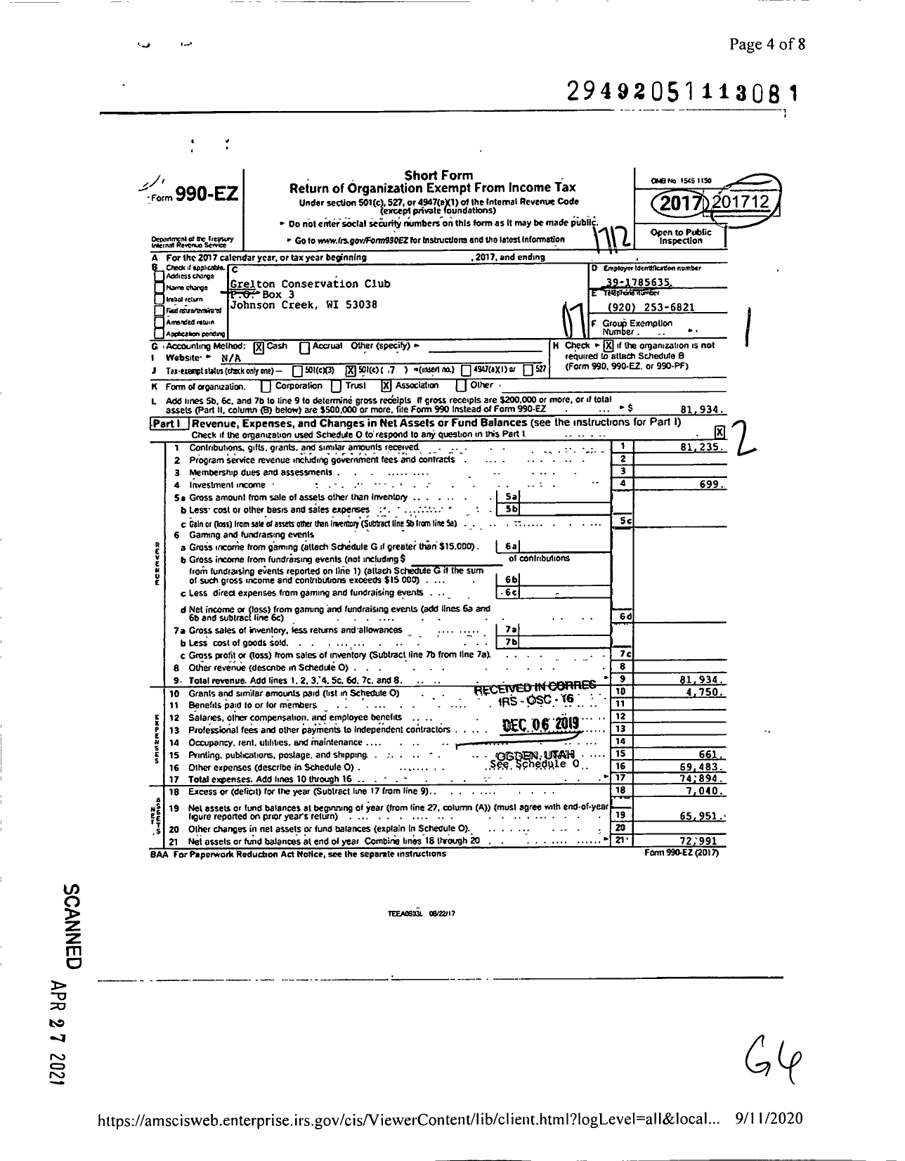 Image of first page of 2017 Form 990EO for Grelton Conservation Club