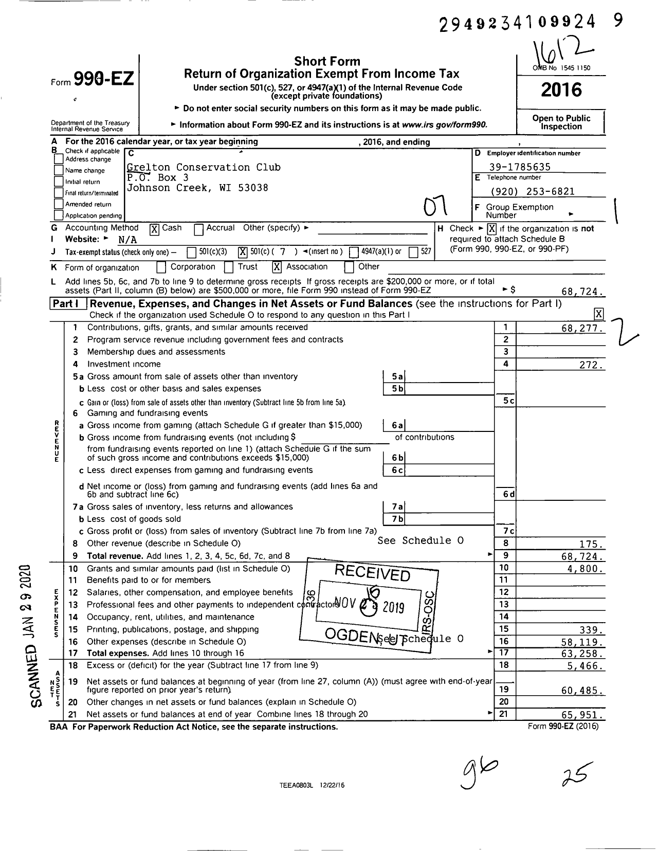 Image of first page of 2016 Form 990EO for Grelton Conservation Club