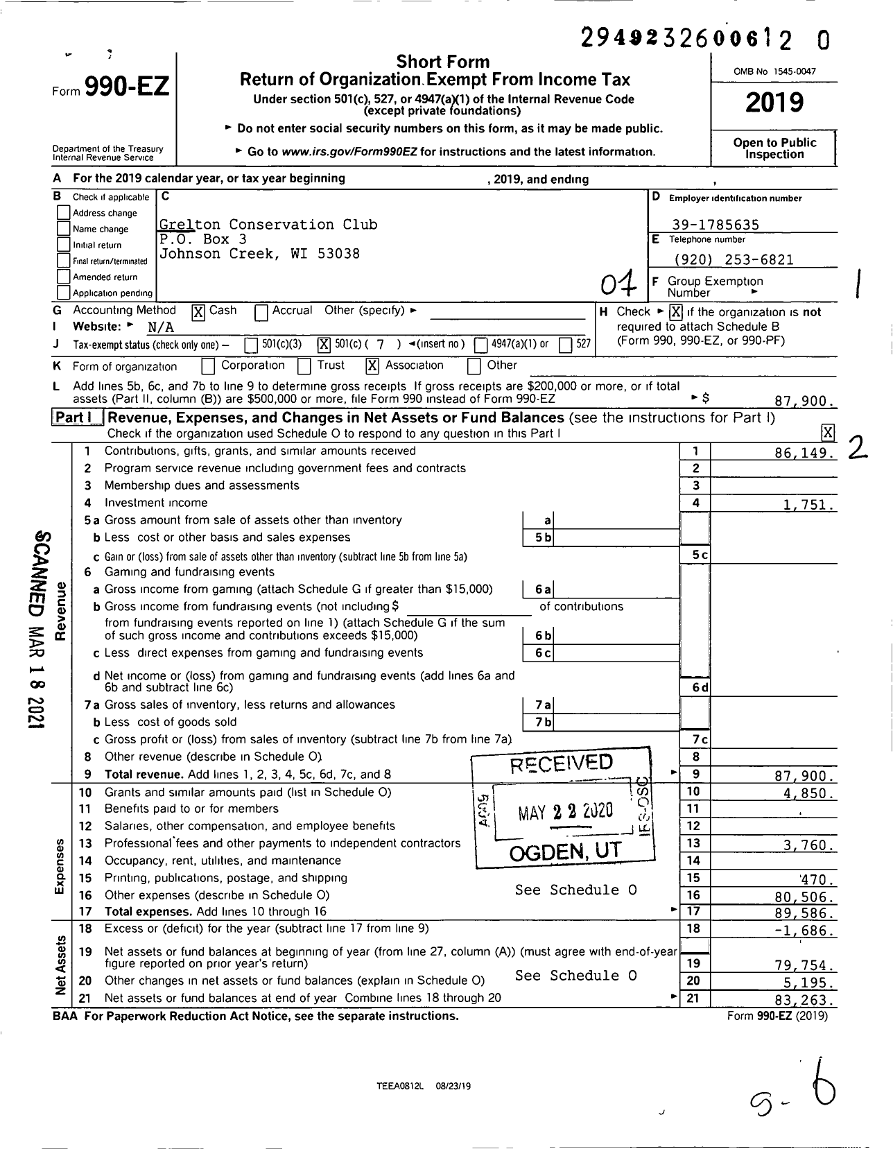 Image of first page of 2019 Form 990EO for Grelton Conservation Club