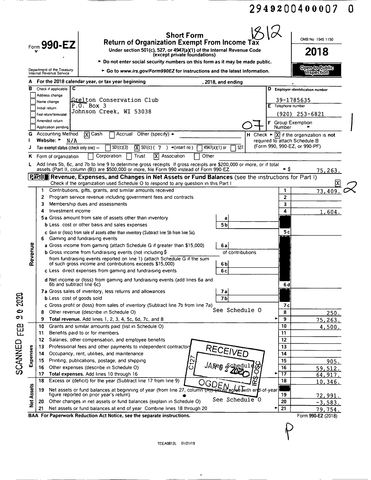 Image of first page of 2018 Form 990EO for Grelton Conservation Club