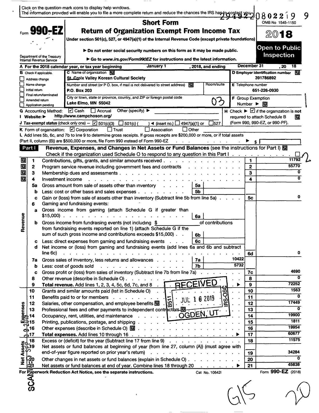 Image of first page of 2018 Form 990EZ for St Croix Valley Korean American Cultural Society