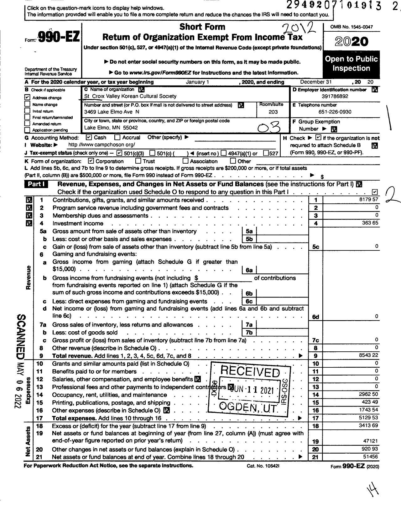 Image of first page of 2020 Form 990EZ for St Croix Valley Korean American Cultural Society