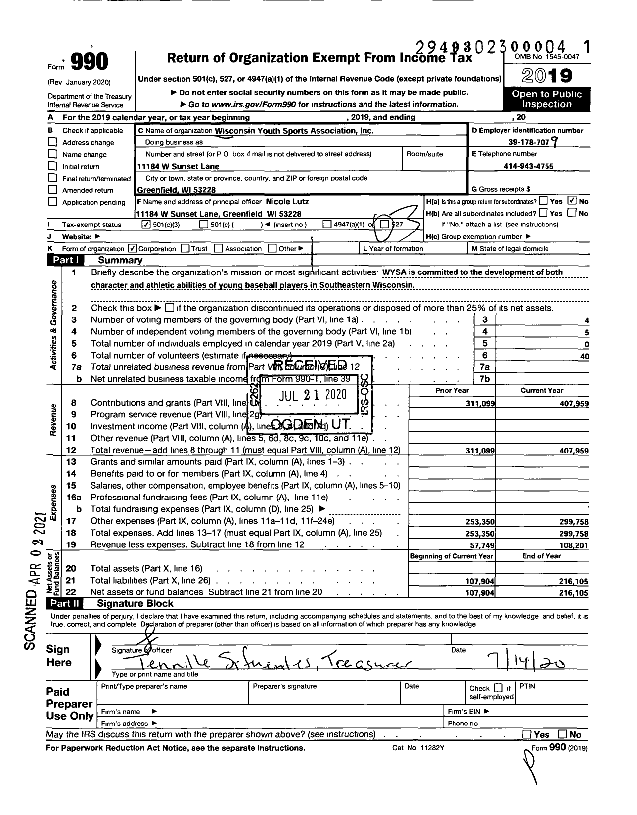 Image of first page of 2019 Form 990 for Wisconsin Youth Sports Association