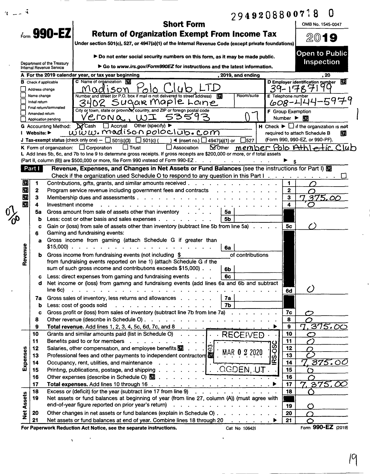 Image of first page of 2019 Form 990EO for Madison Polo Club