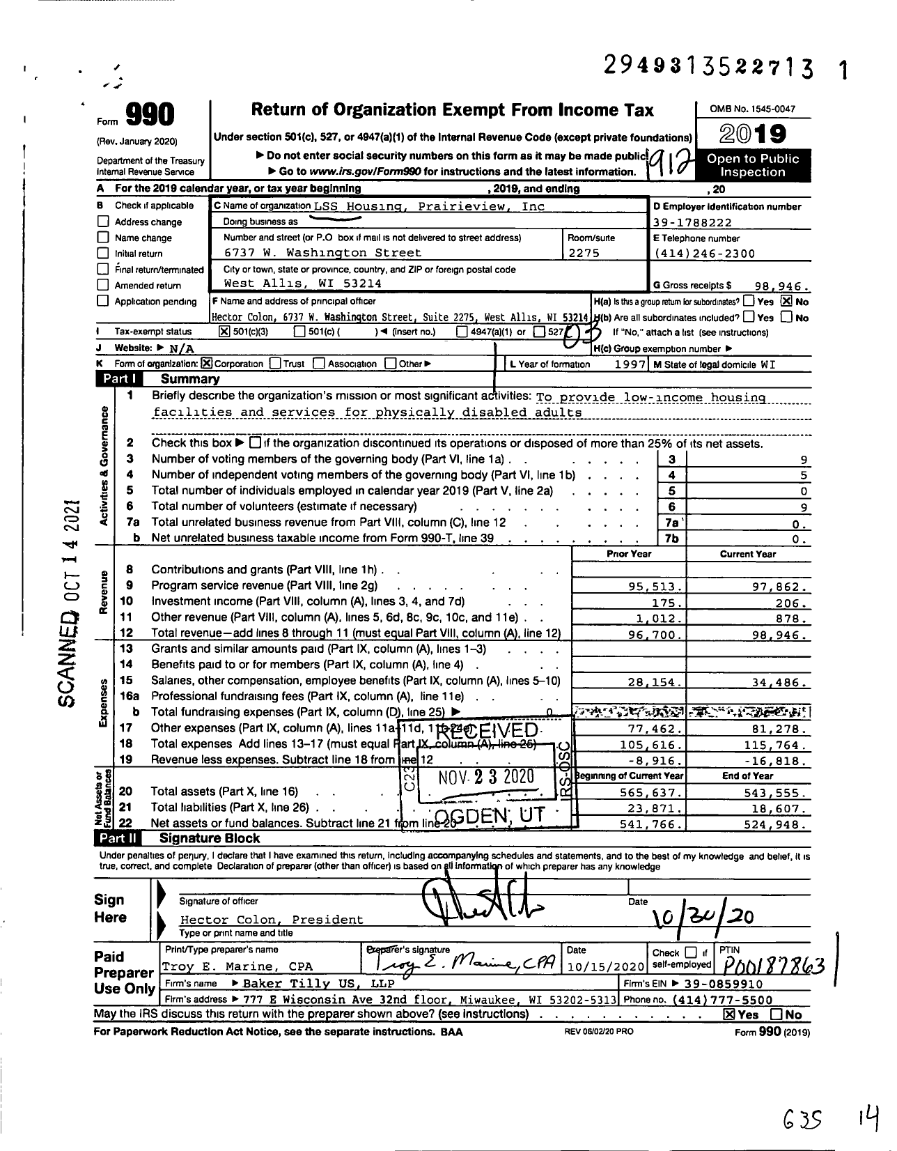 Image of first page of 2019 Form 990 for LSS Housing Prairieview