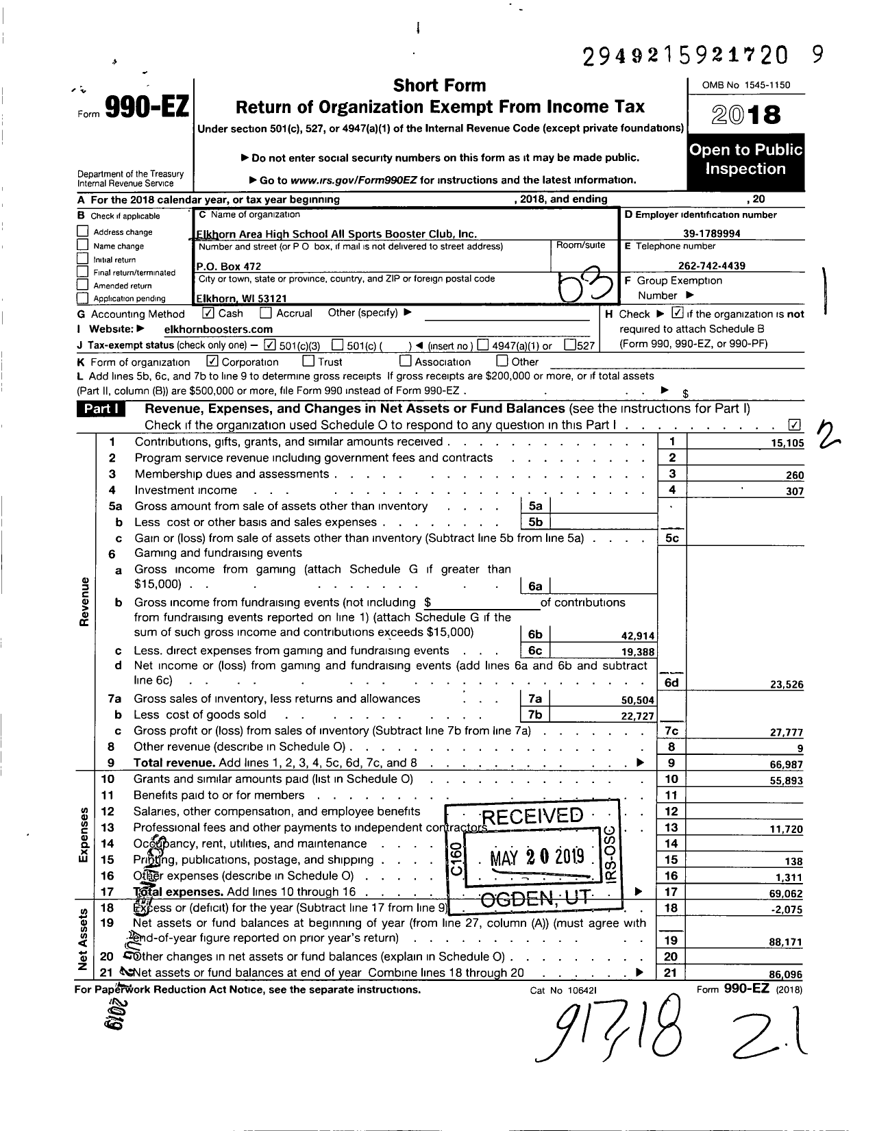 Image of first page of 2018 Form 990EZ for Elkhorn Area High School All Sports Booster Club