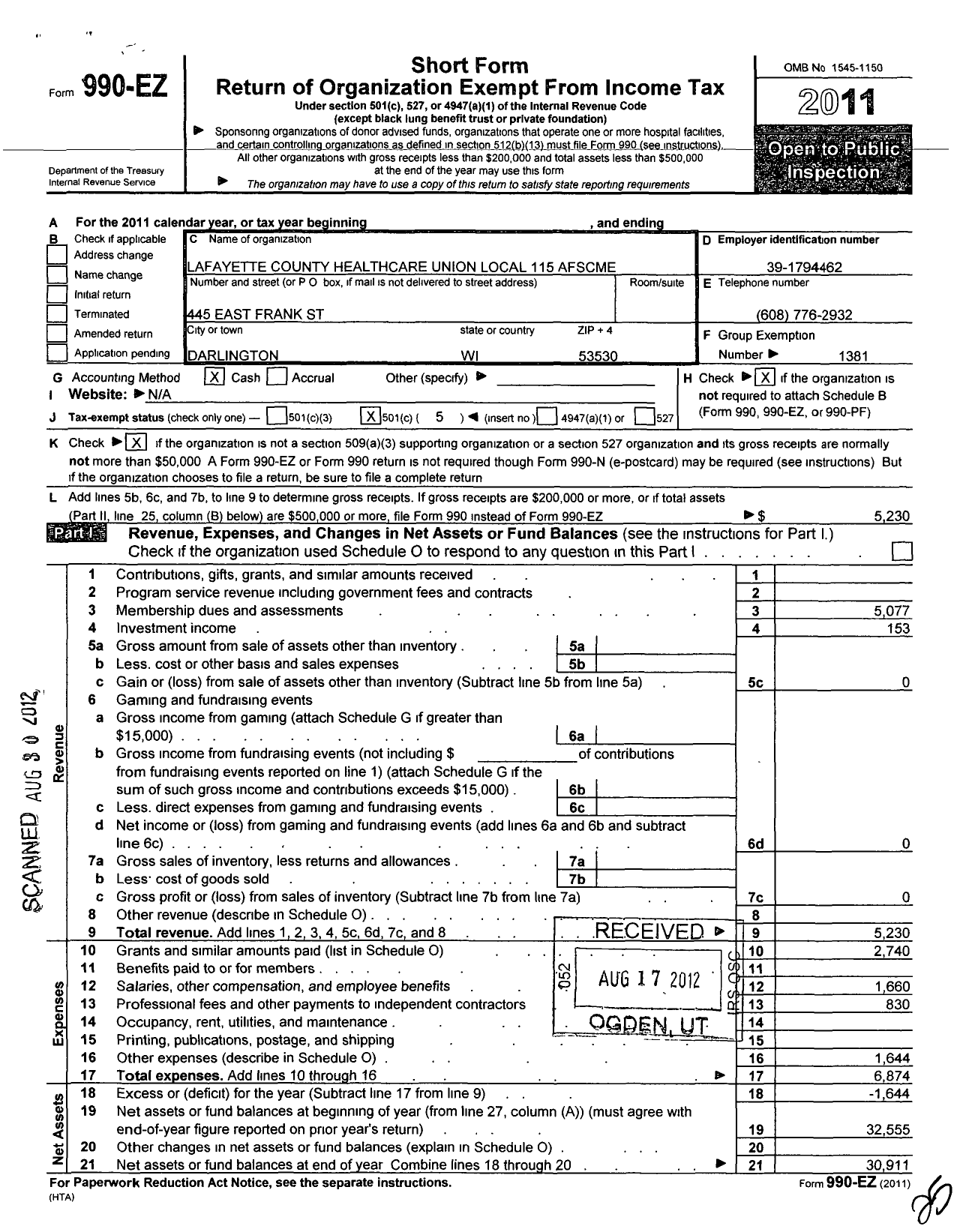 Image of first page of 2011 Form 990EO for American Federation of State County and Municipal Employees