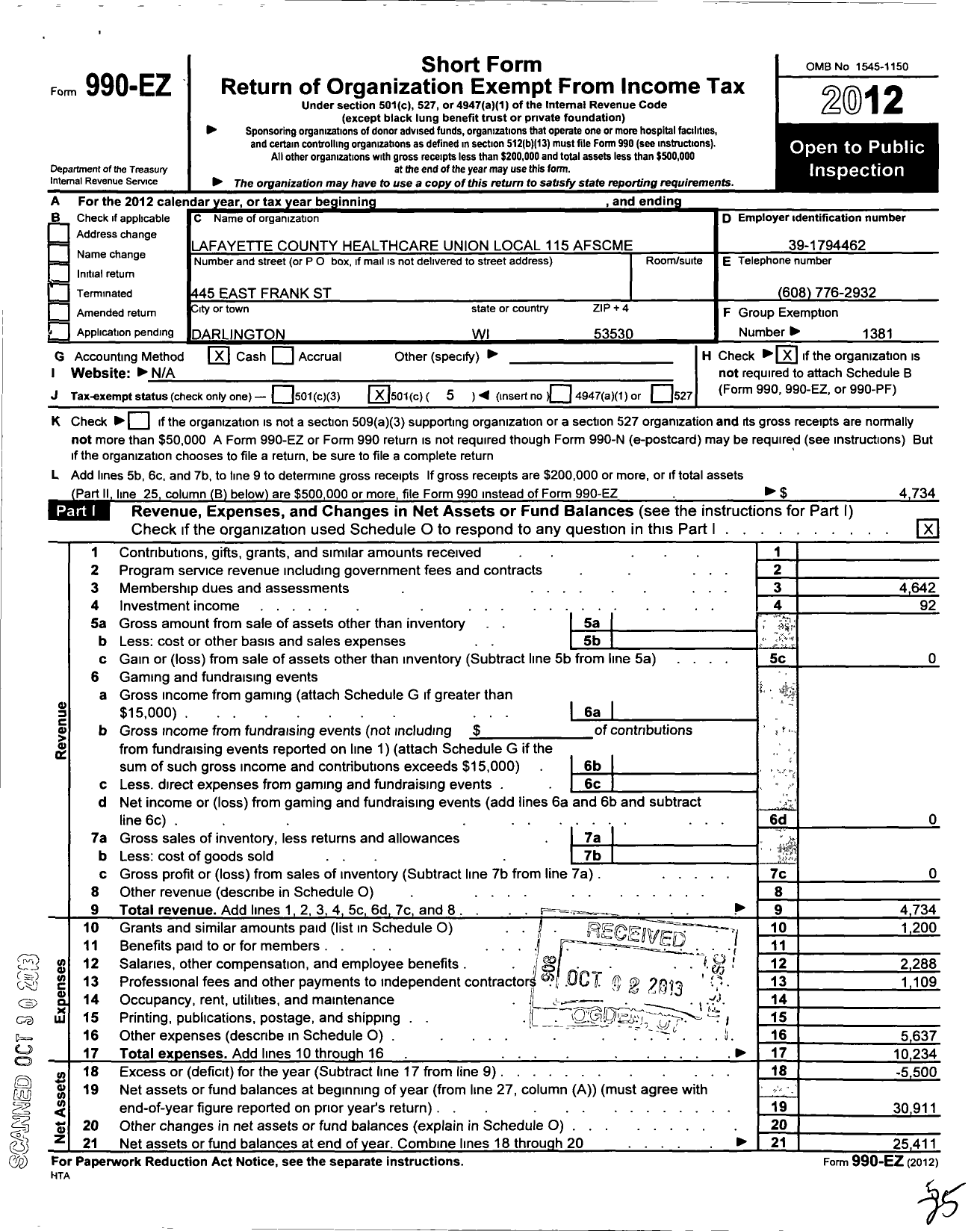 Image of first page of 2012 Form 990EO for American Federation of State County and Municipal Employees