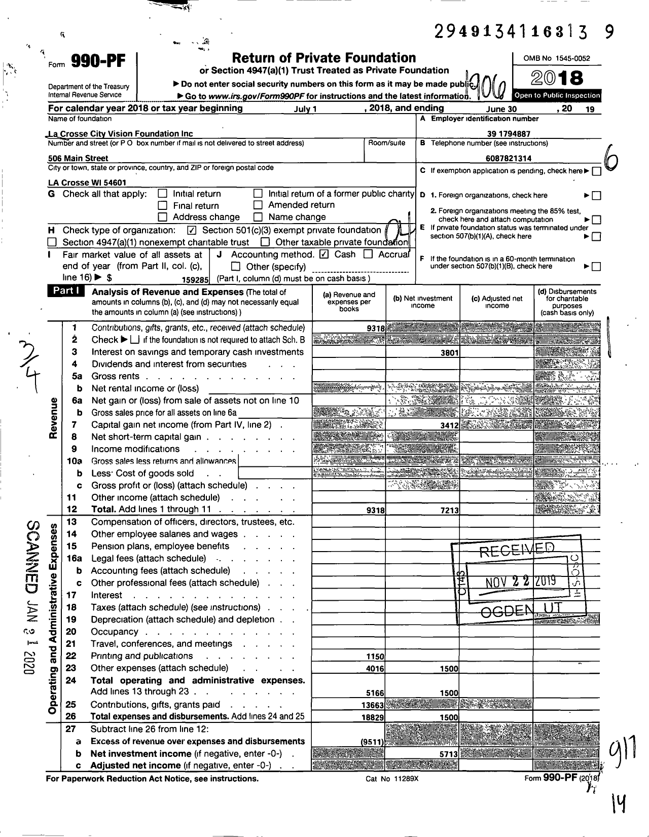 Image of first page of 2018 Form 990PF for La Crosse City Vision Foundation