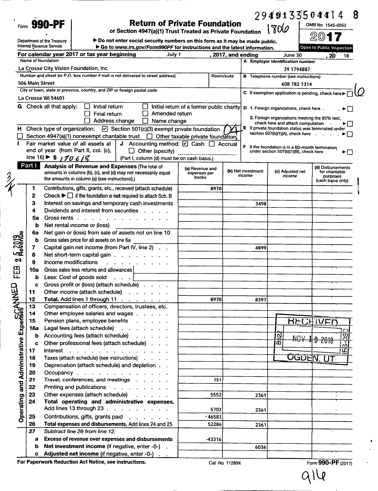 Image of first page of 2017 Form 990PF for La Crosse City Vision Foundation