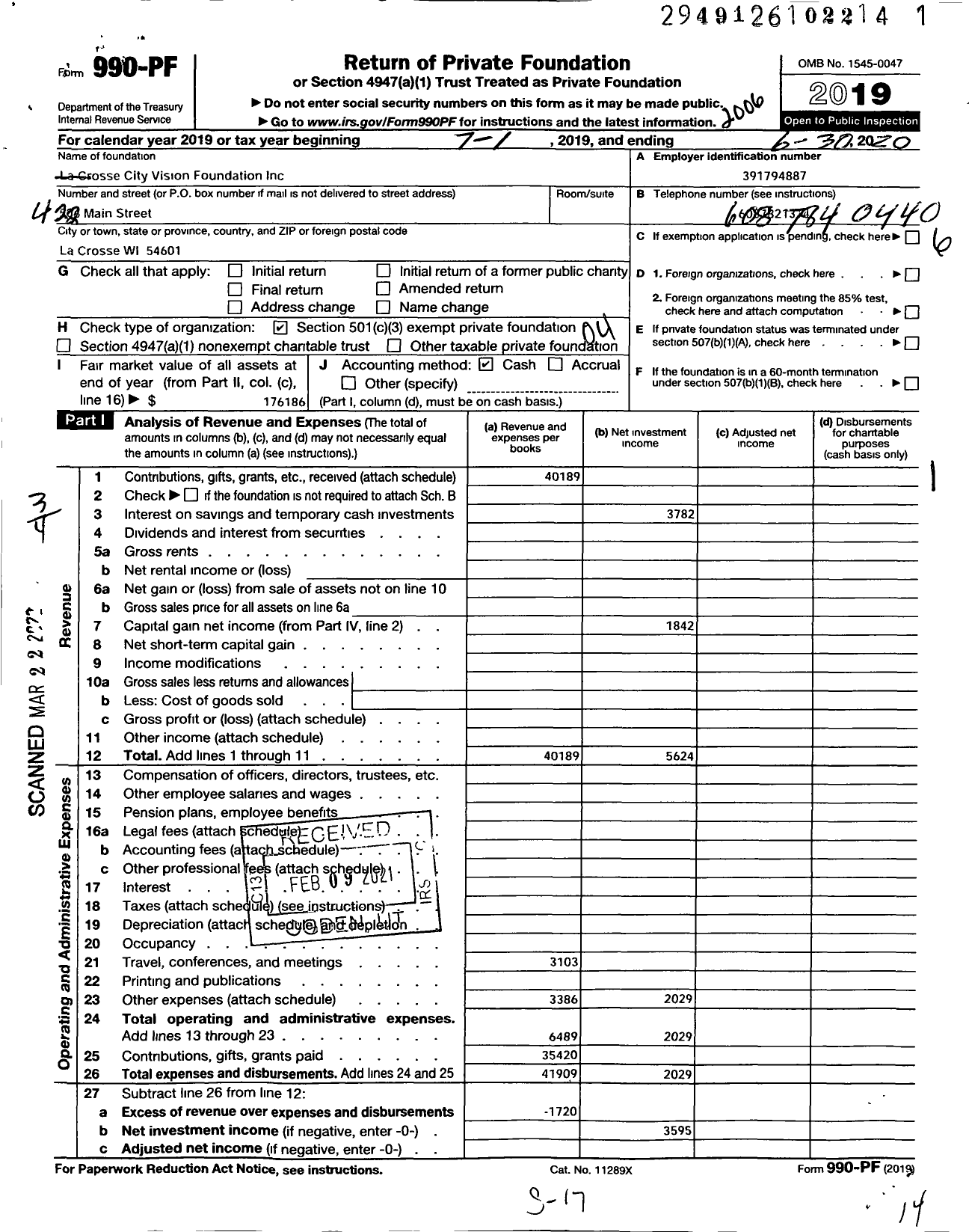 Image of first page of 2019 Form 990PF for La Crosse City Vision Foundation