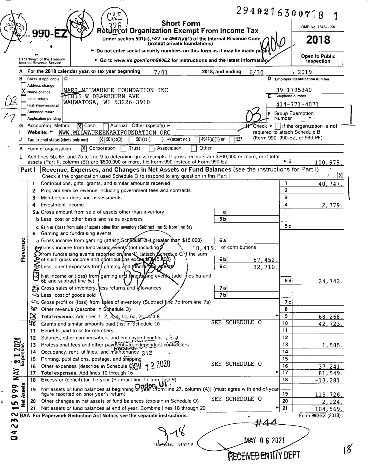 Image of first page of 2018 Form 990EZ for Nari Milwaukee Foundation