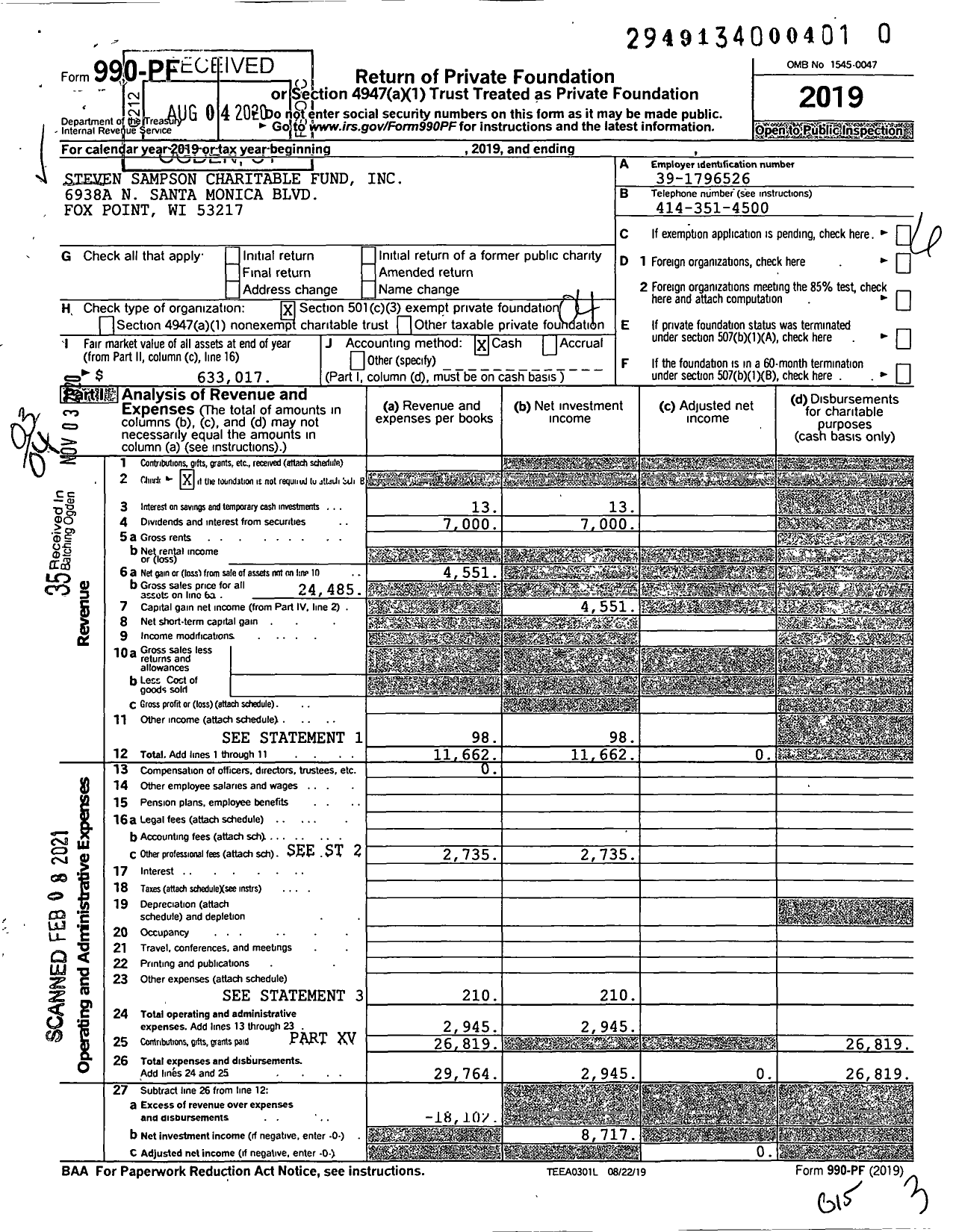 Image of first page of 2019 Form 990PF for Steven Sampson Charitable Fund