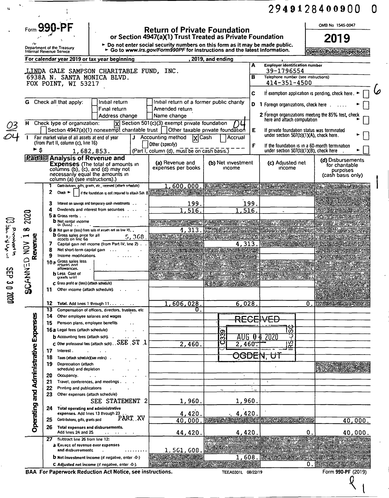 Image of first page of 2019 Form 990PF for Linda Gale Sampson Charitable Fund