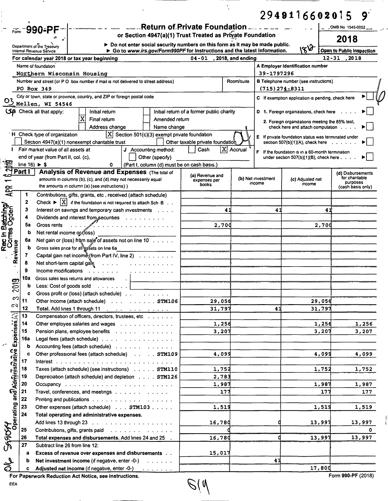 Image of first page of 2018 Form 990PF for Northern Wisconsin Housing