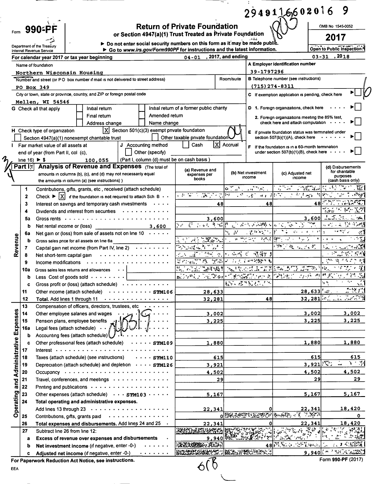 Image of first page of 2017 Form 990PF for Northern Wisconsin Housing