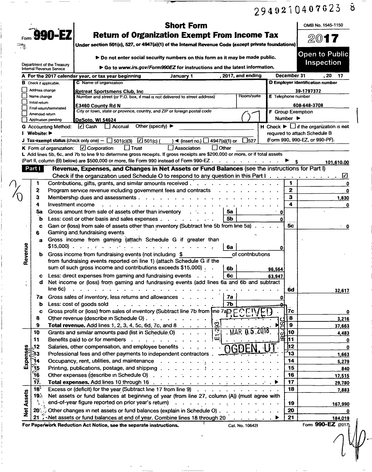 Image of first page of 2017 Form 990EO for Retreat Sportsmens Club