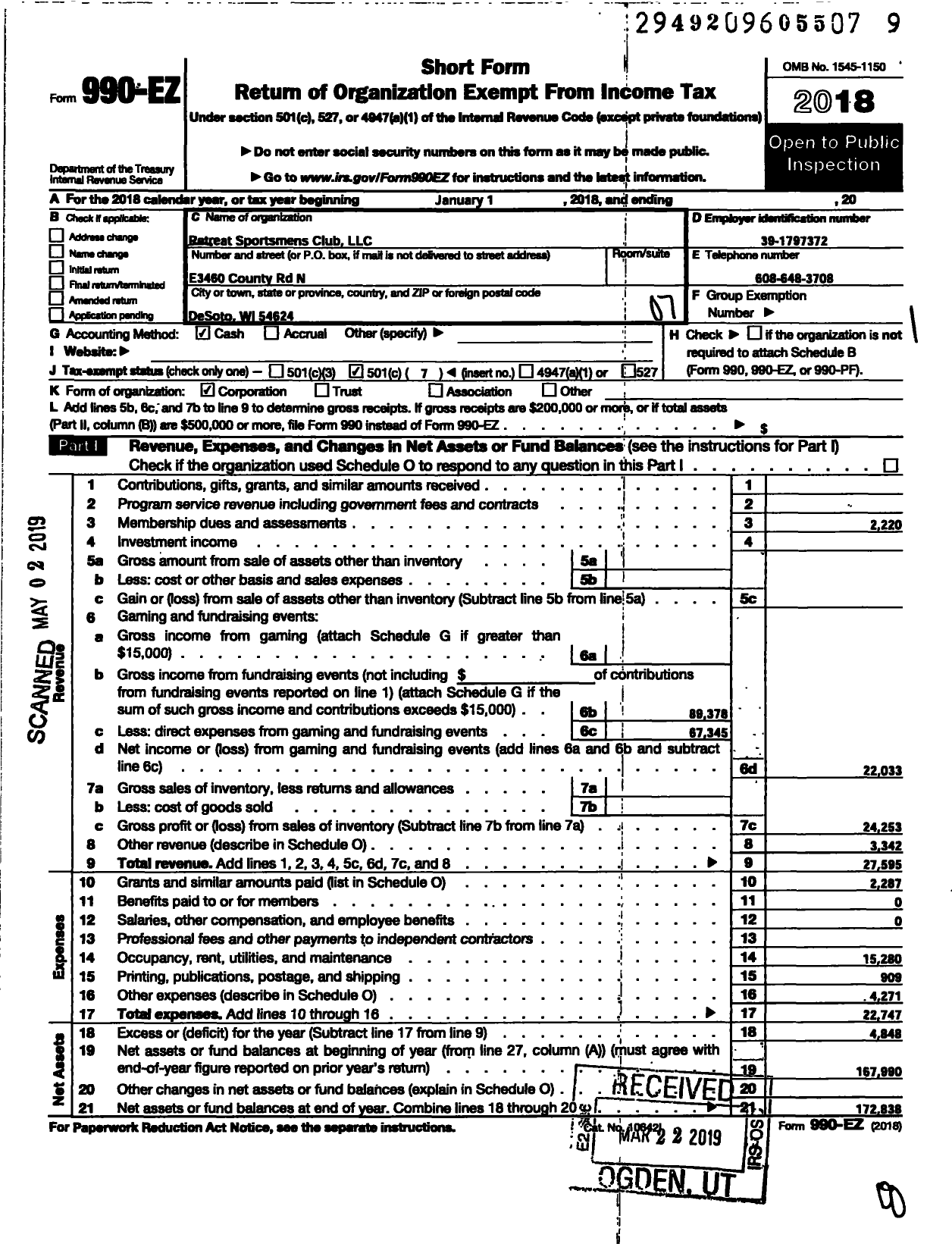 Image of first page of 2018 Form 990EO for Retreat Sportsmens Club