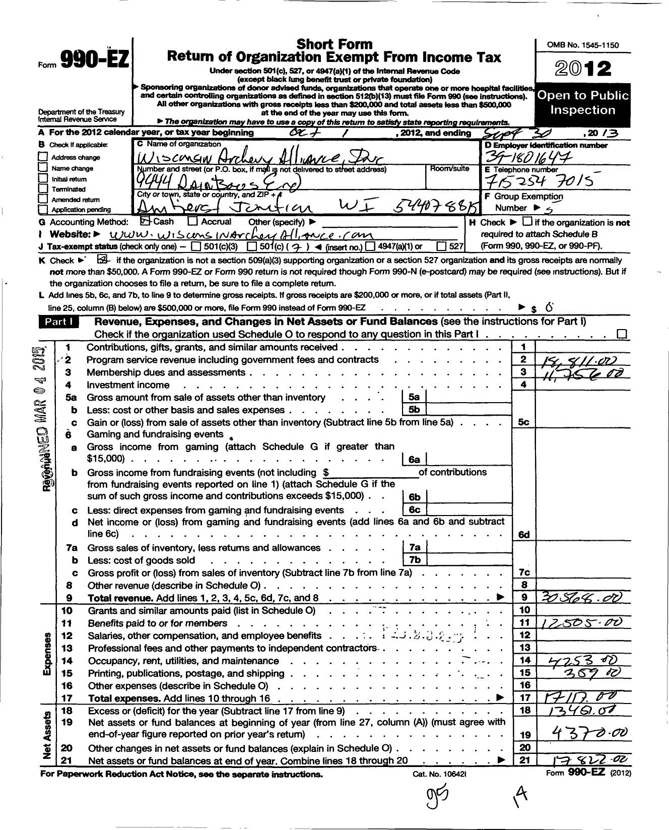 Image of first page of 2012 Form 990EO for Wisconsin Archery Alliance