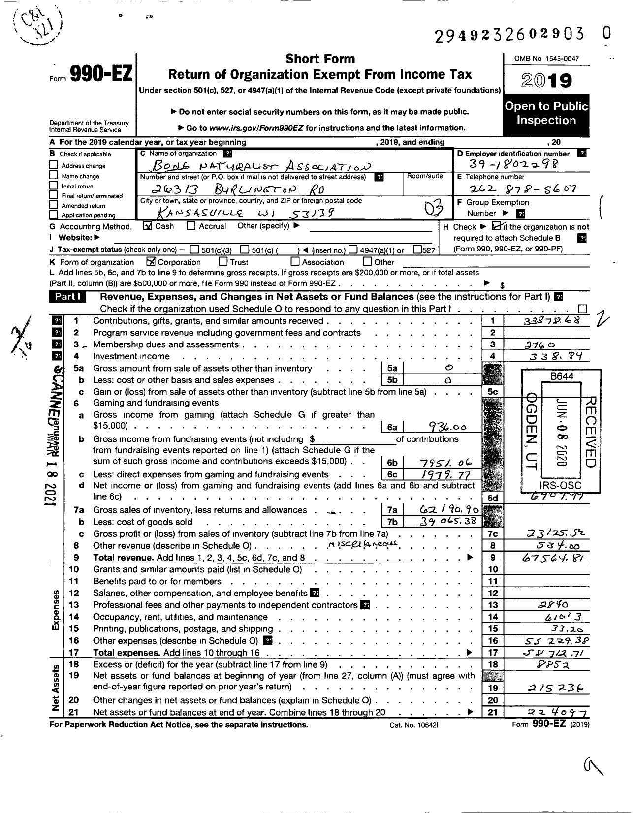 Image of first page of 2019 Form 990EZ for Bong Naturalist Association