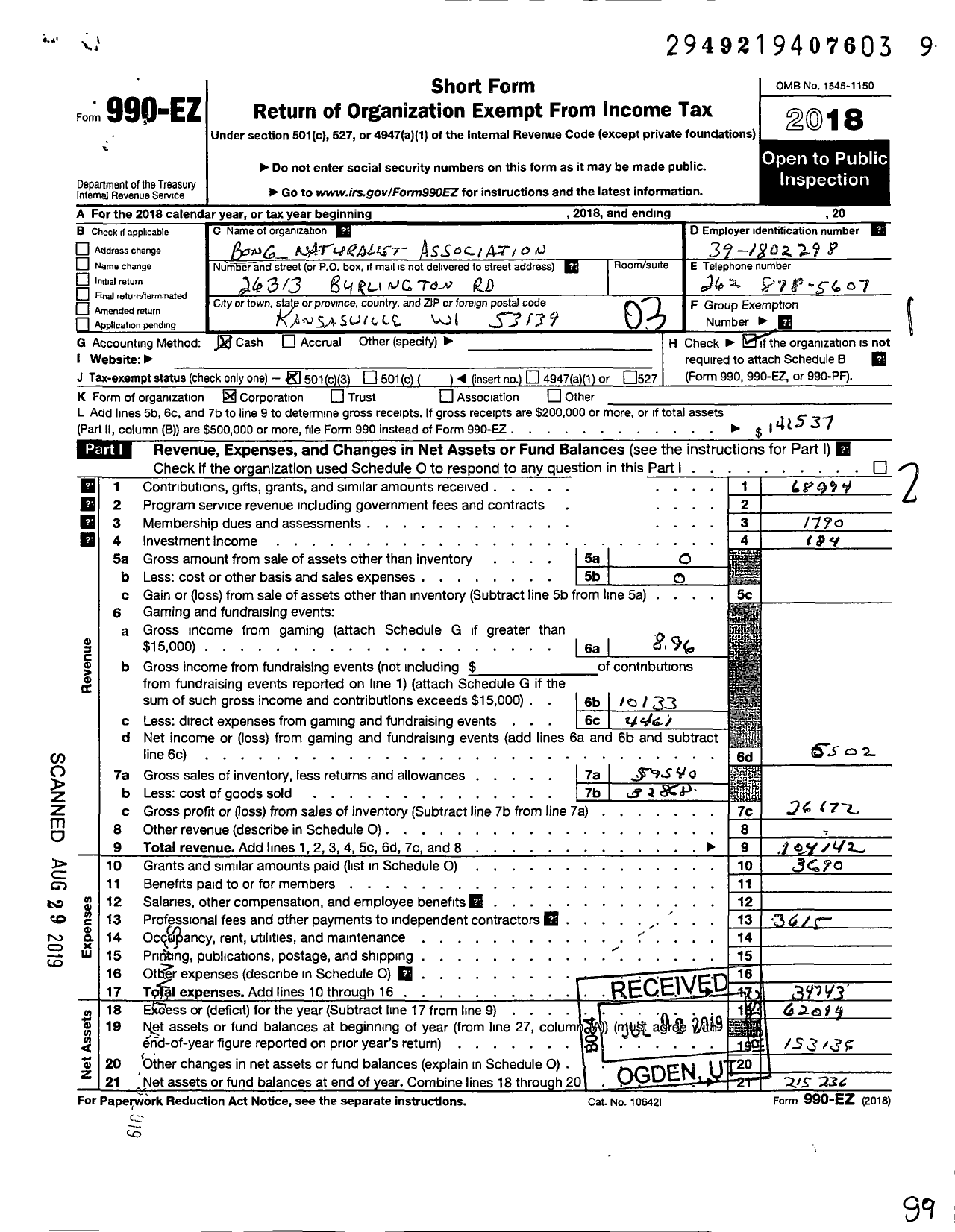 Image of first page of 2018 Form 990EZ for Bong Naturalist Association