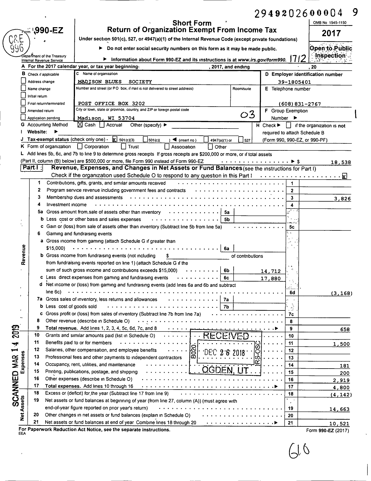 Image of first page of 2017 Form 990EZ for Madison Blues Society