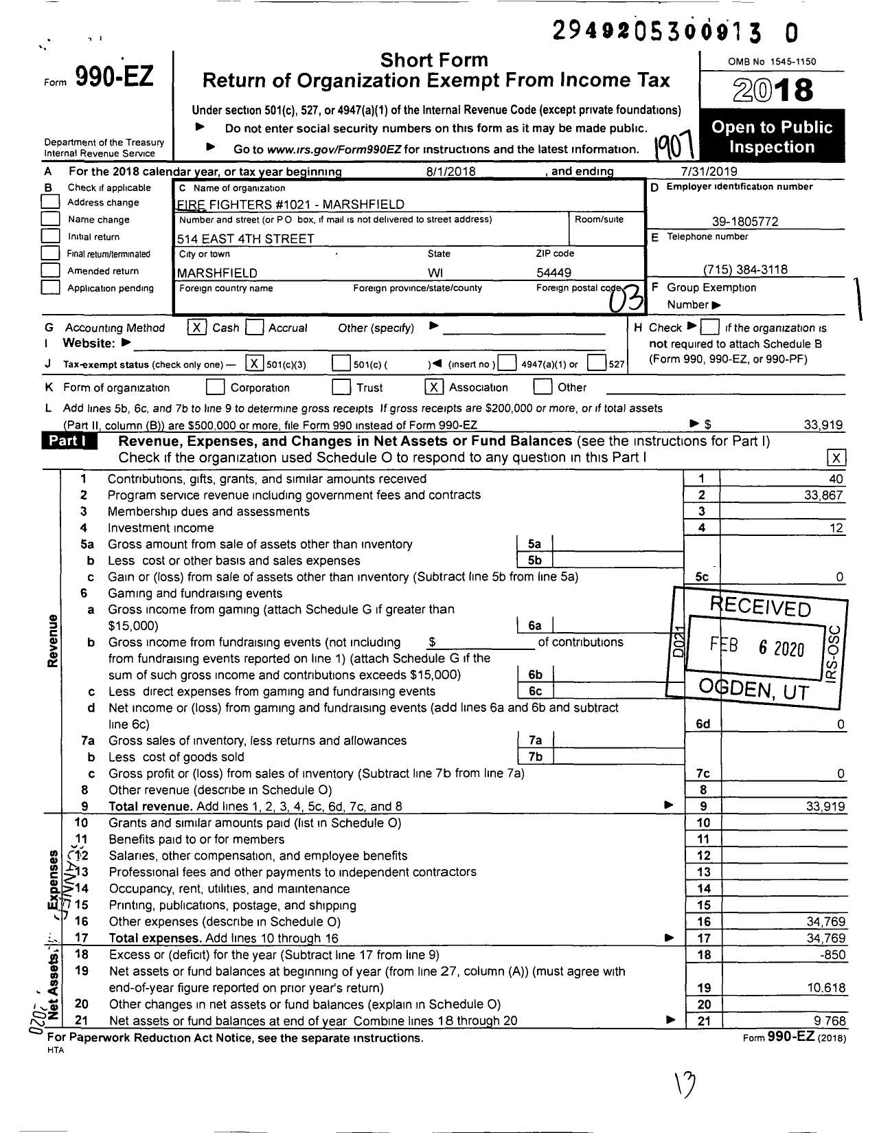 Image of first page of 2018 Form 990EZ for Fire Fighters 1021 - 1021-marshfield