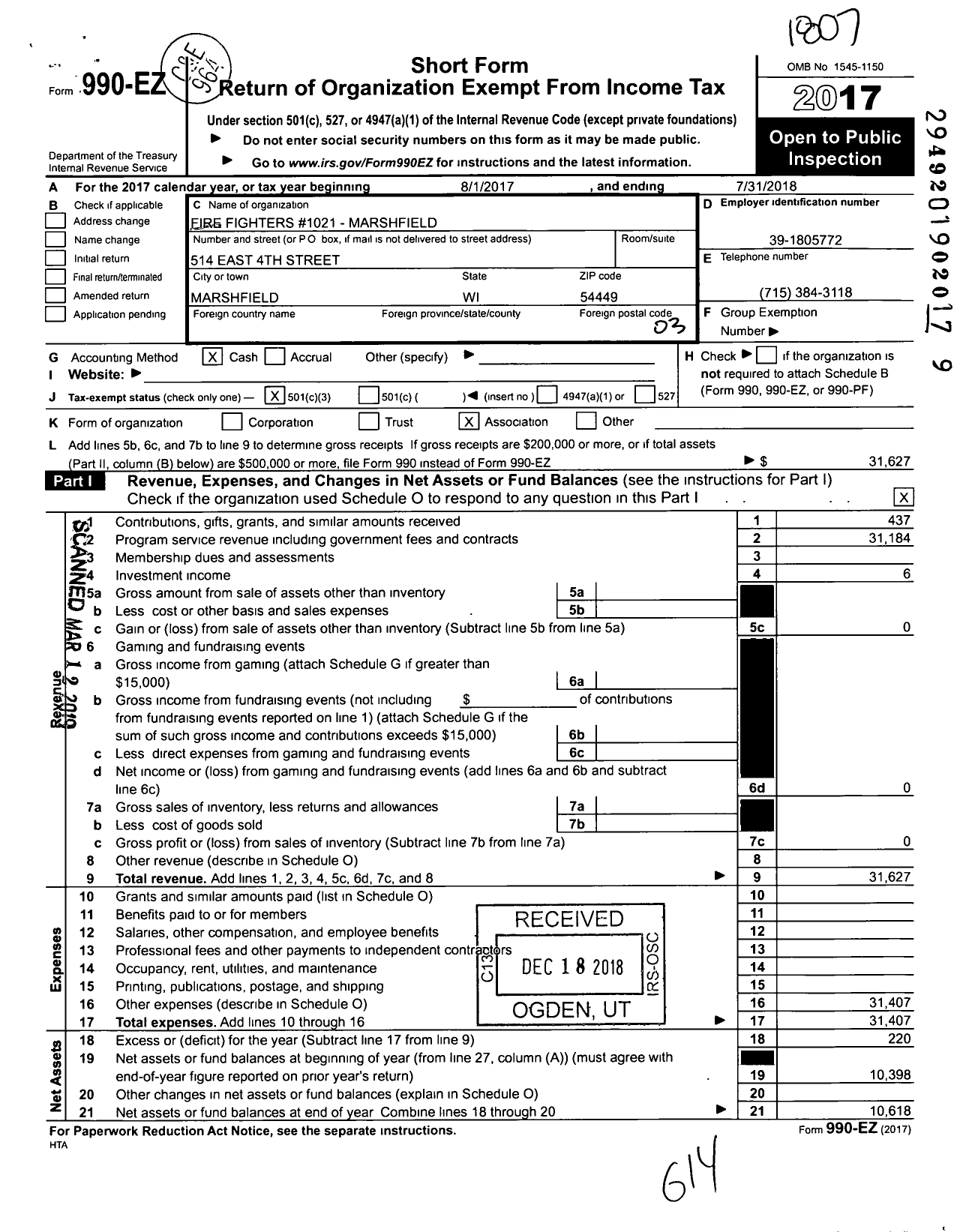 Image of first page of 2017 Form 990EZ for Fire Fighters 1021 - 1021-marshfield