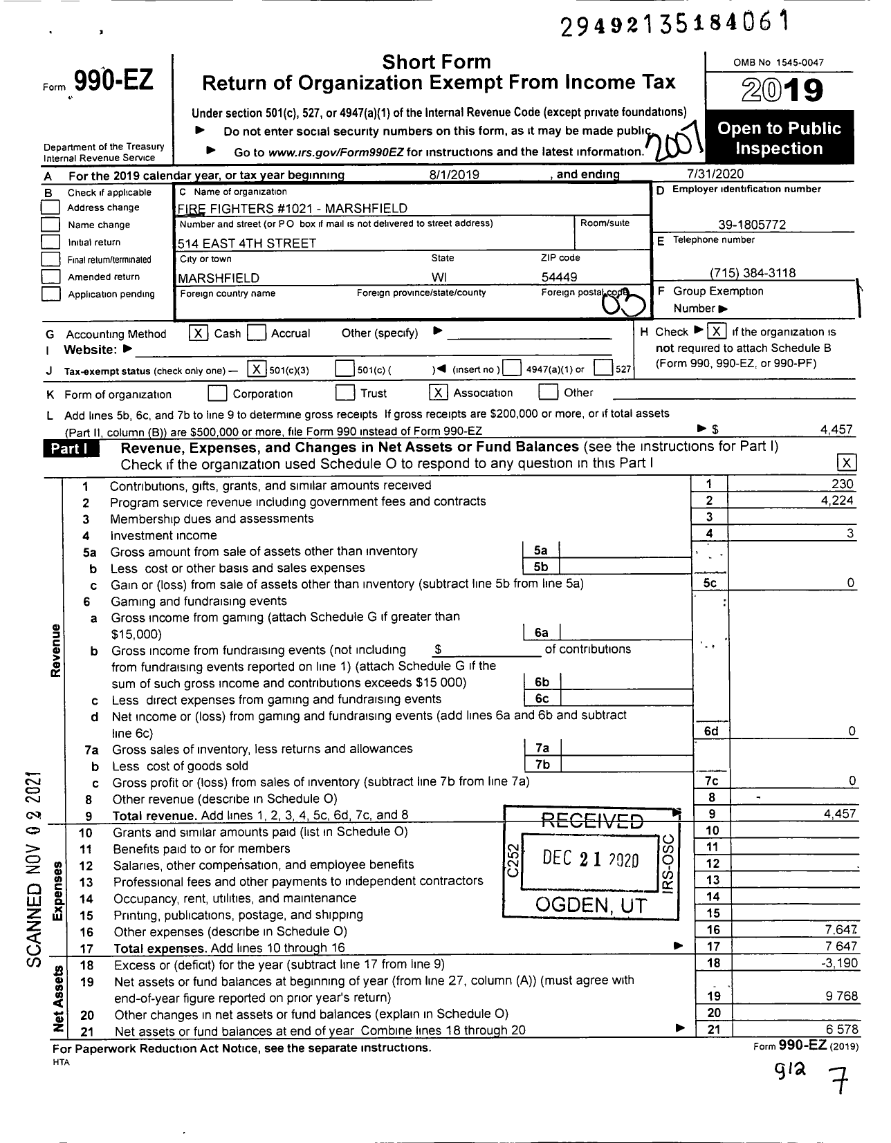 Image of first page of 2019 Form 990EZ for Fire Fighters 1021 - 1021-marshfield