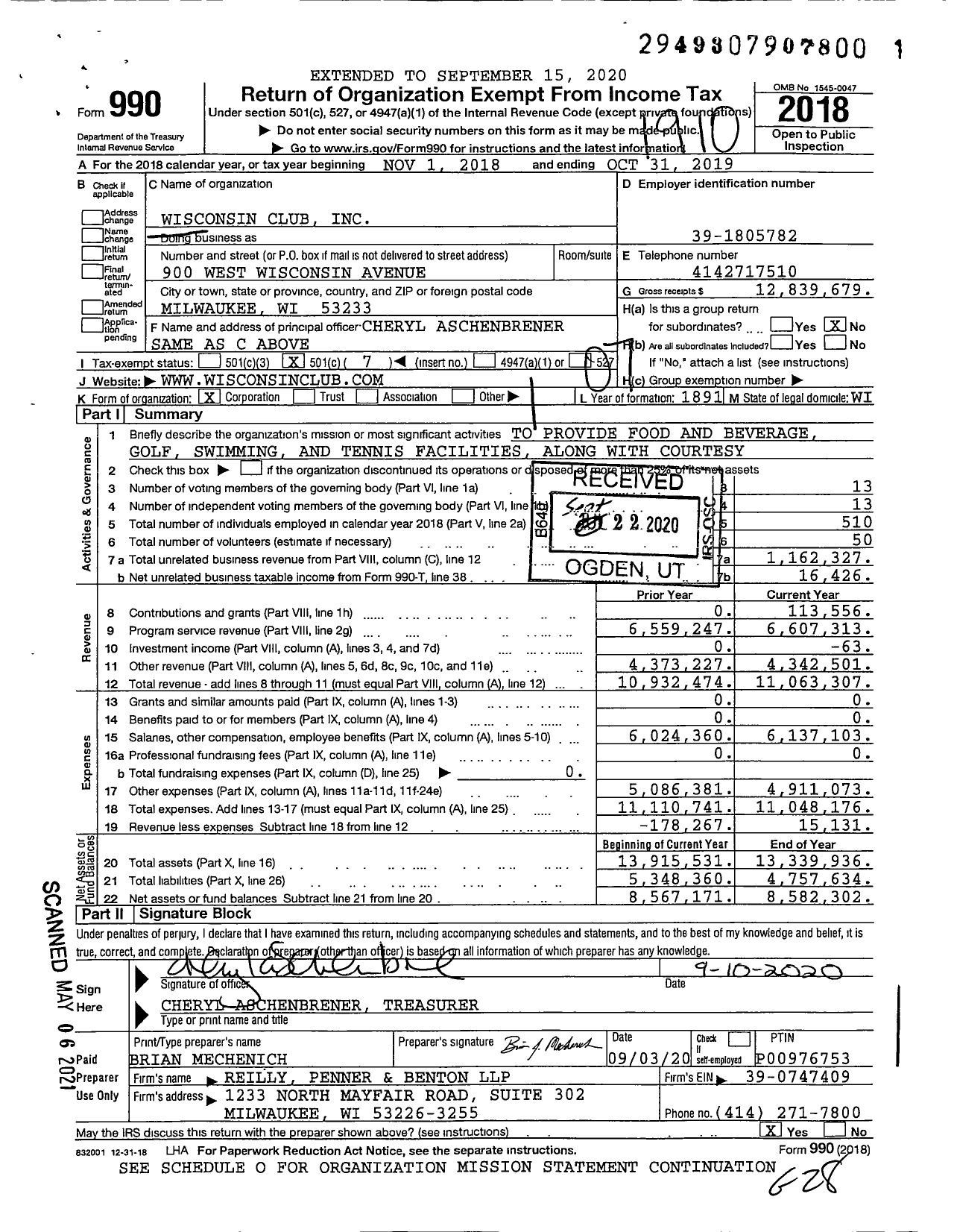 Image of first page of 2018 Form 990O for Wisconsin Club