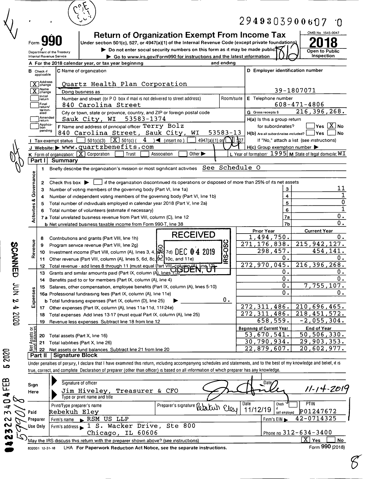 Image of first page of 2018 Form 990O for Quartz Health Plan Corporation
