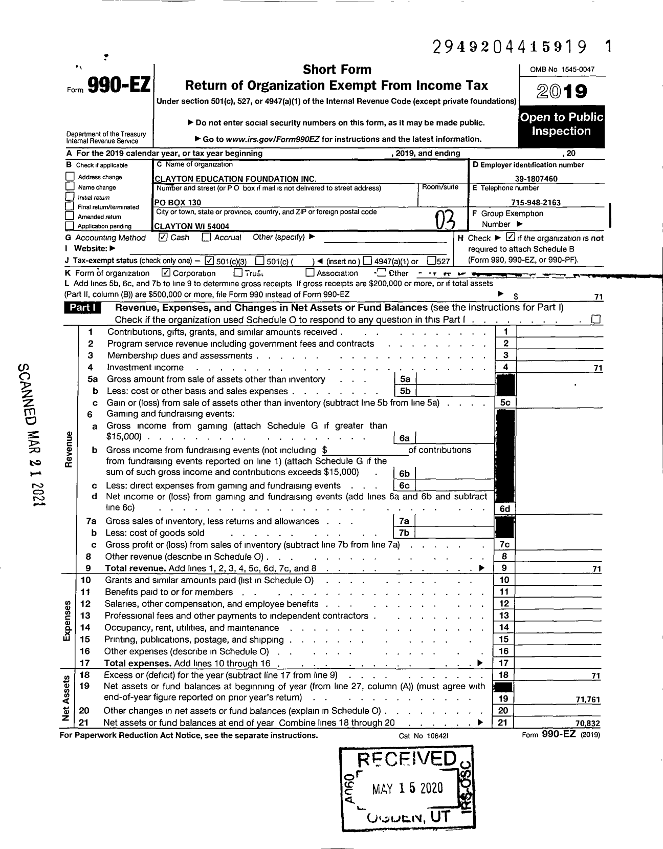 Image of first page of 2019 Form 990EZ for Clayton Education Foundation