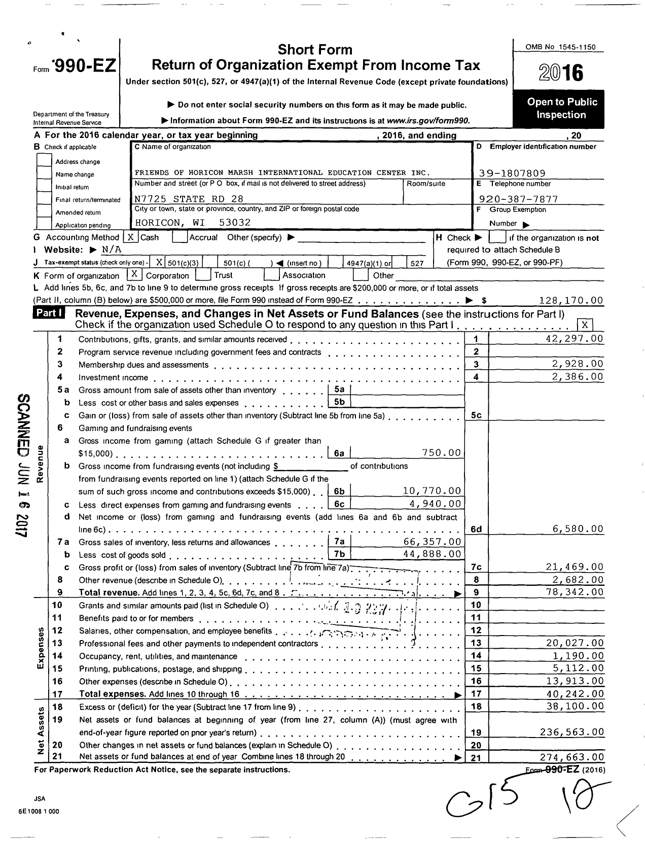 Image of first page of 2016 Form 990EZ for Friends of Horicon Marsh International Education Center