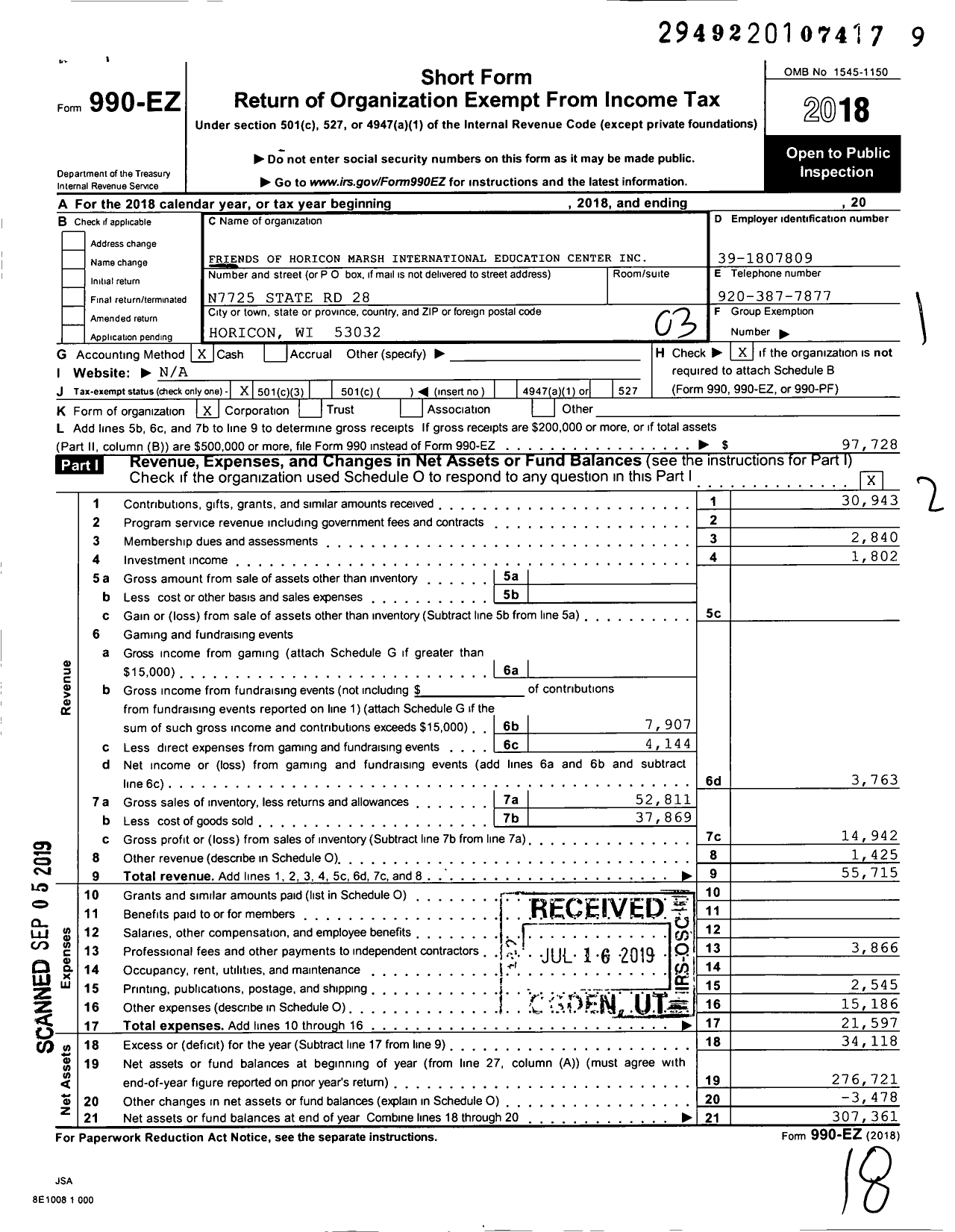 Image of first page of 2018 Form 990EZ for Friends of Horicon Marsh International Education Center