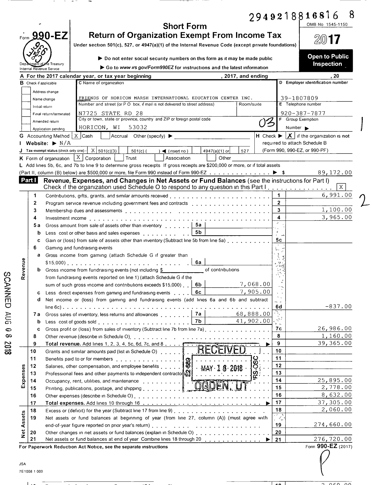 Image of first page of 2017 Form 990EZ for Friends of Horicon Marsh International Education Center