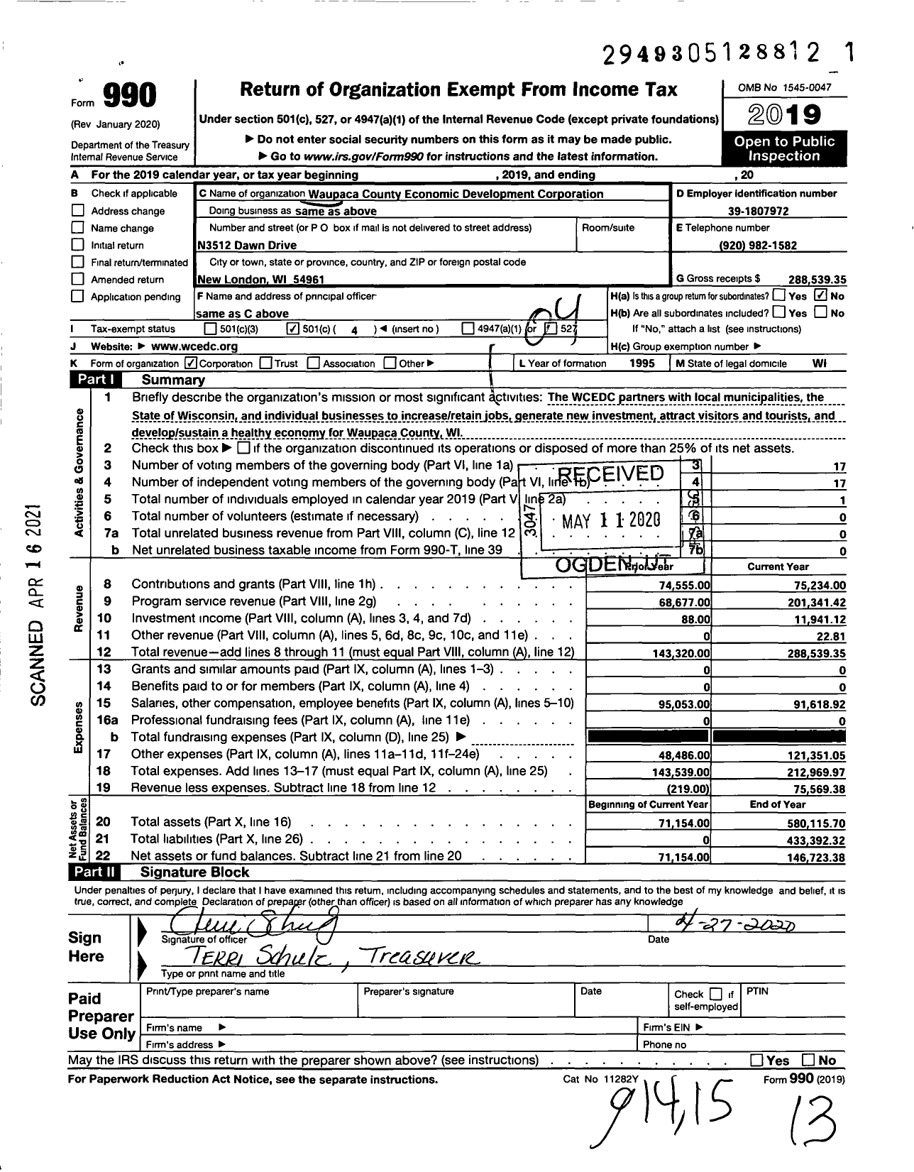 Image of first page of 2019 Form 990O for Waupaca County Economic Development Corporation