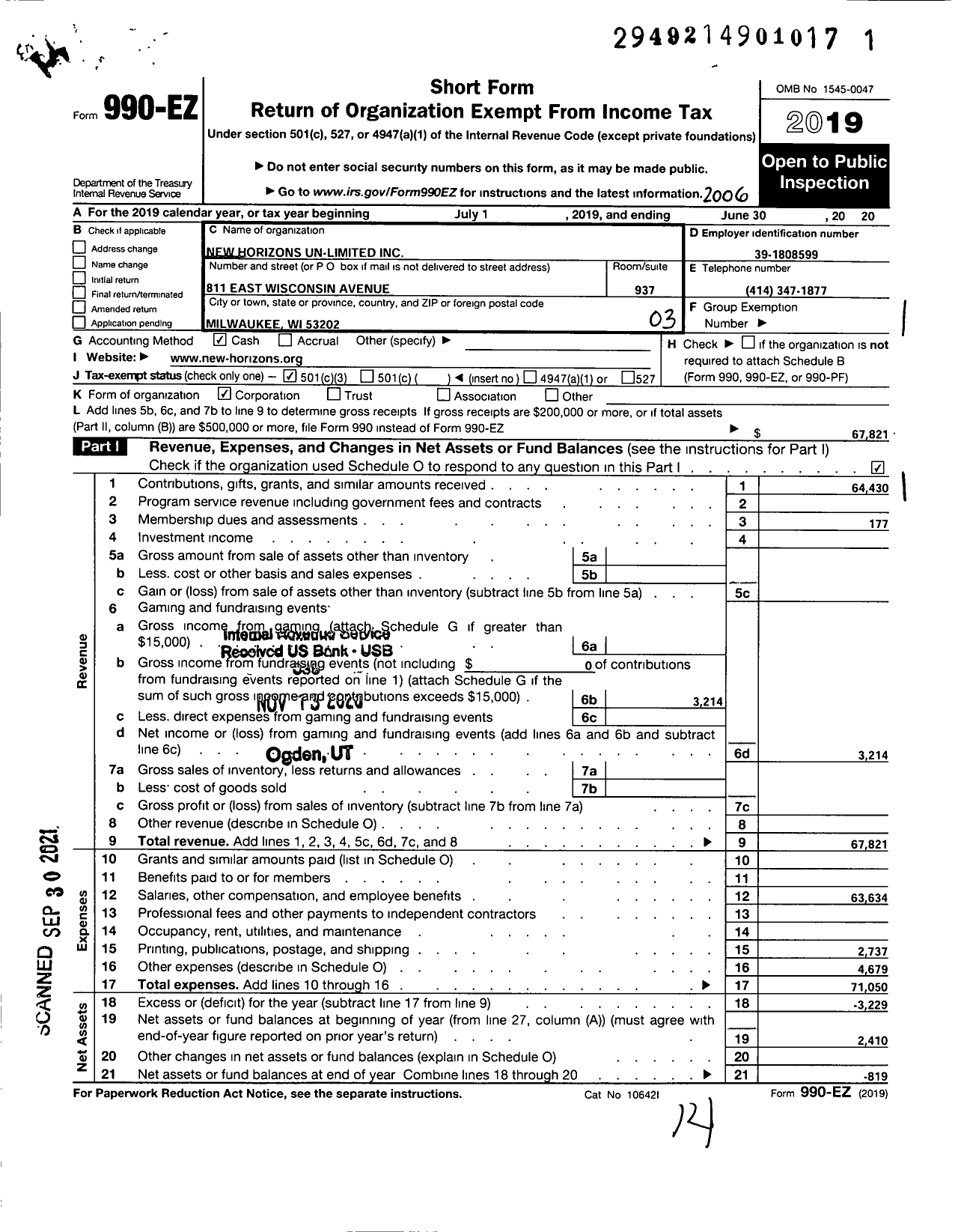 Image of first page of 2019 Form 990EZ for New Horizons Un-Limited