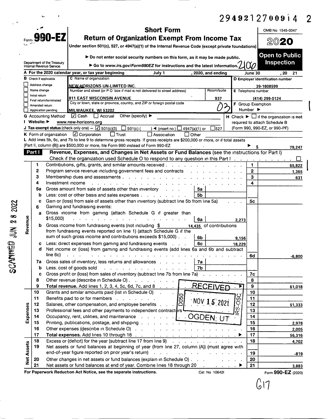 Image of first page of 2020 Form 990EZ for New Horizons Un-Limited