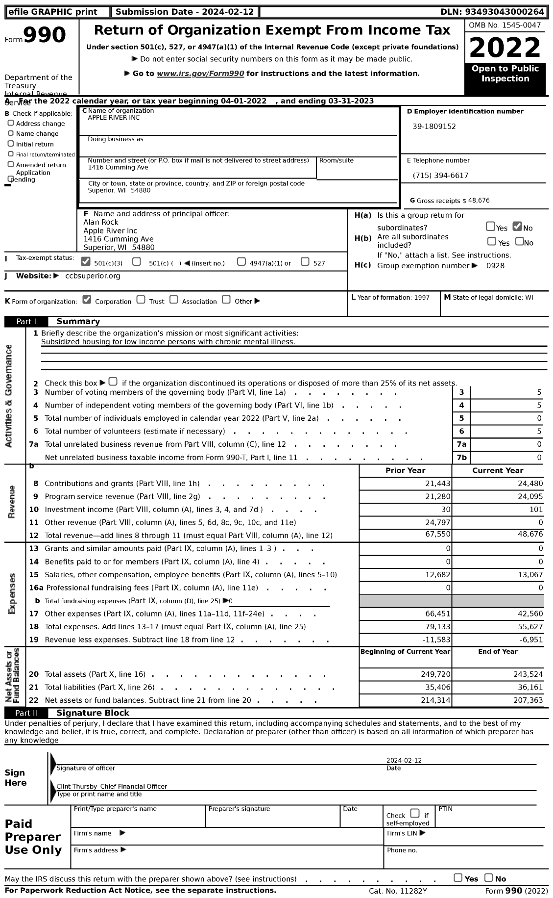 Image of first page of 2022 Form 990 for Apple River