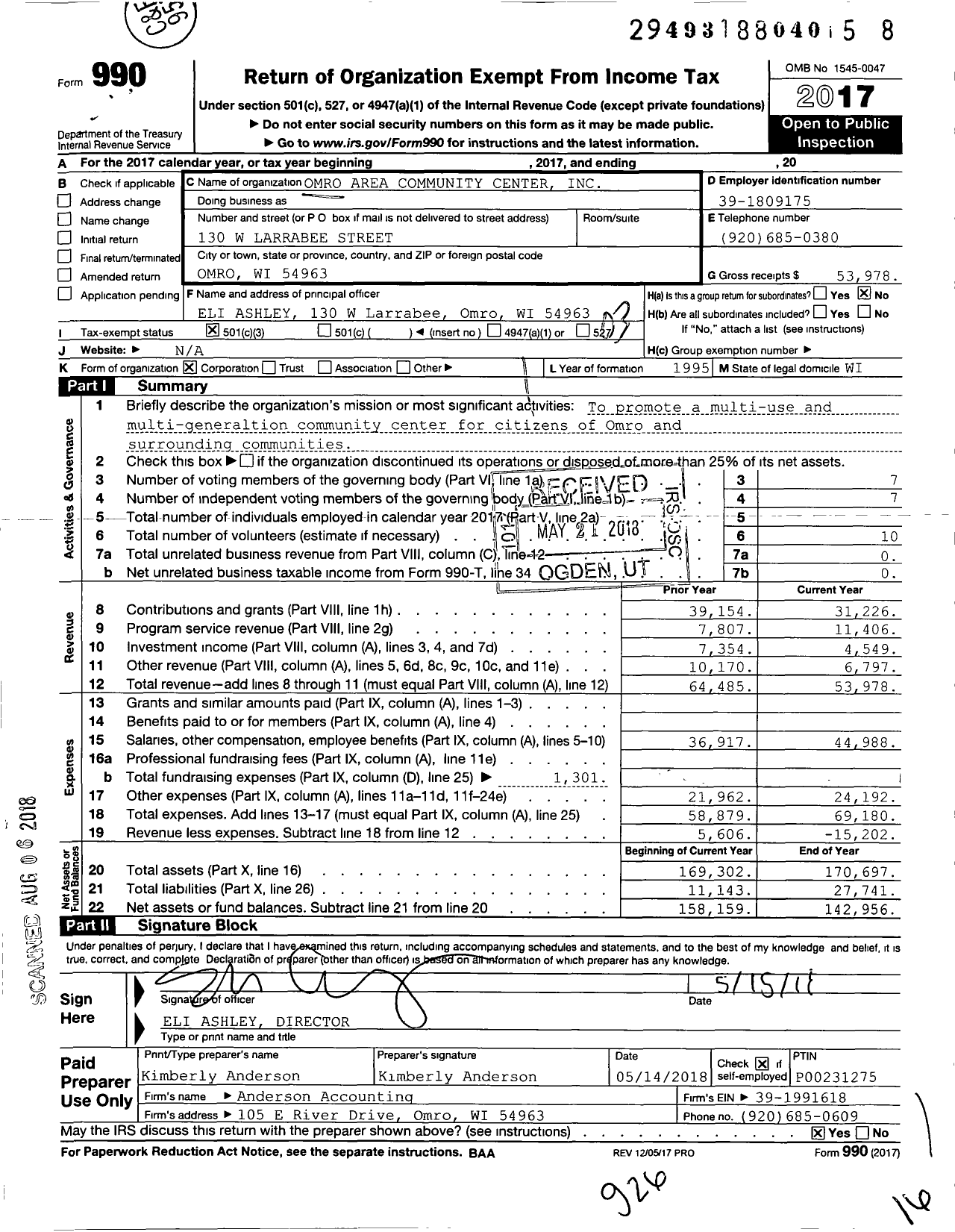 Image of first page of 2017 Form 990 for Omro Area Community Center