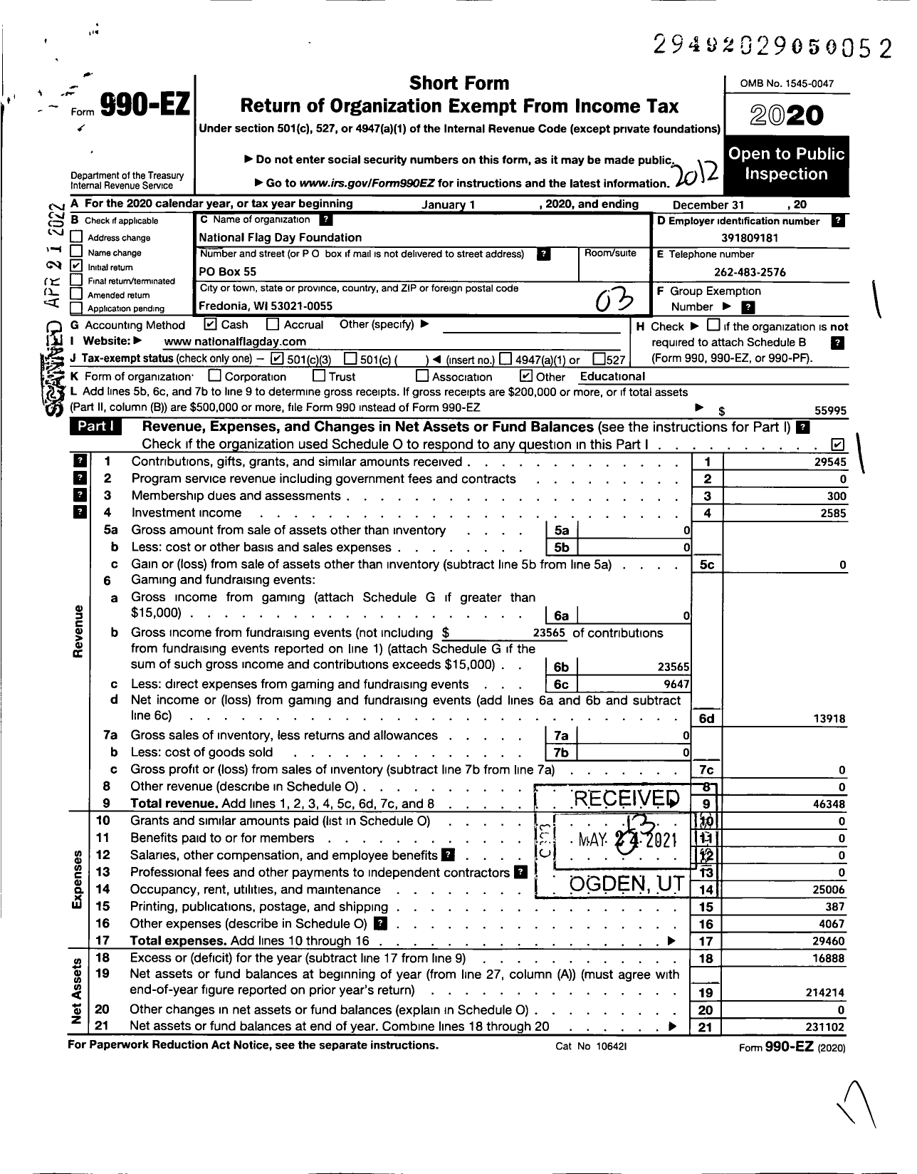 Image of first page of 2020 Form 990EZ for National Flag Day Foundation