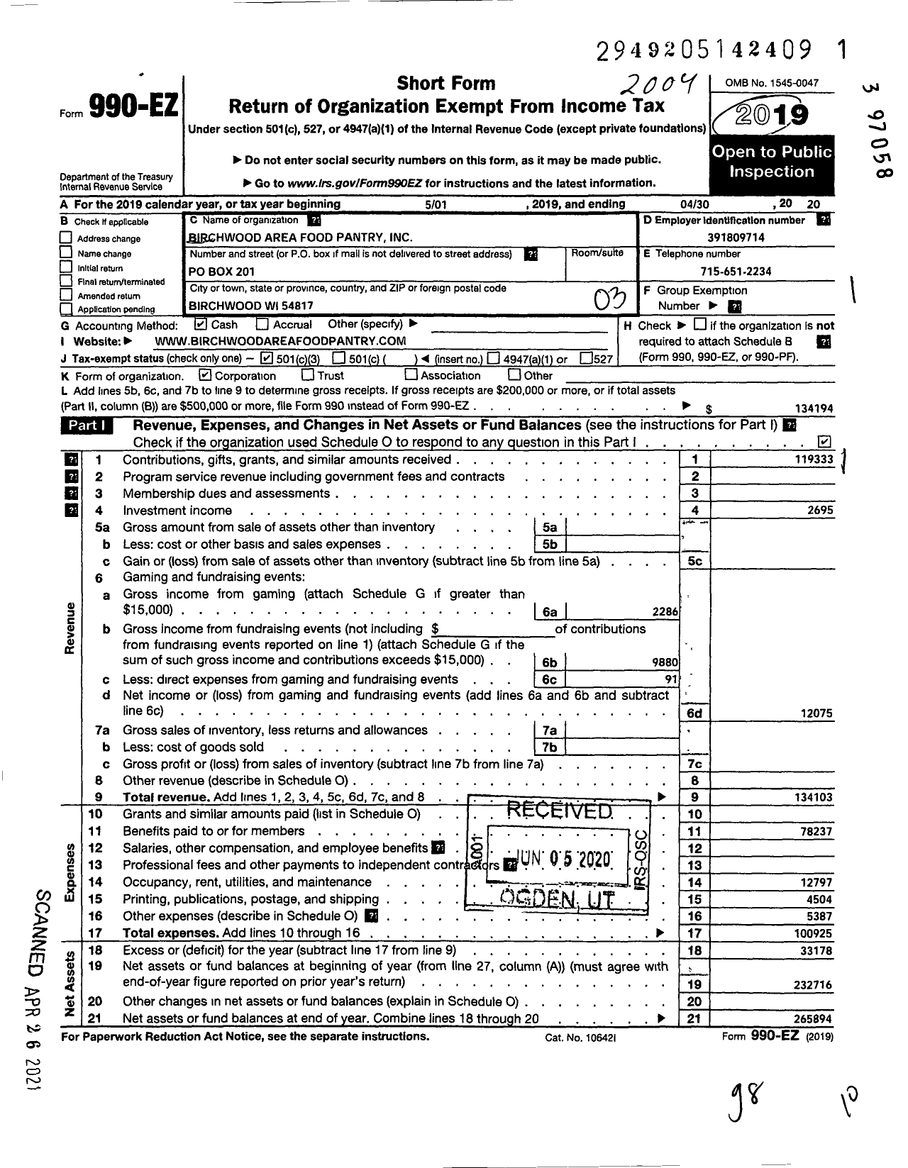 Image of first page of 2019 Form 990EZ for Birchwood Area Food Pantry