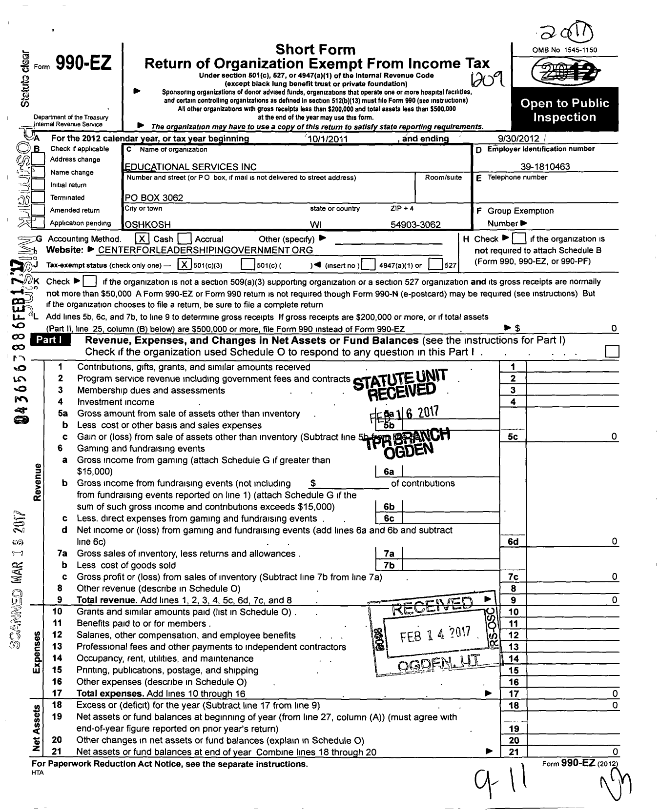 Image of first page of 2011 Form 990EZ for Center for Leadership in Government Politics and Public Policy