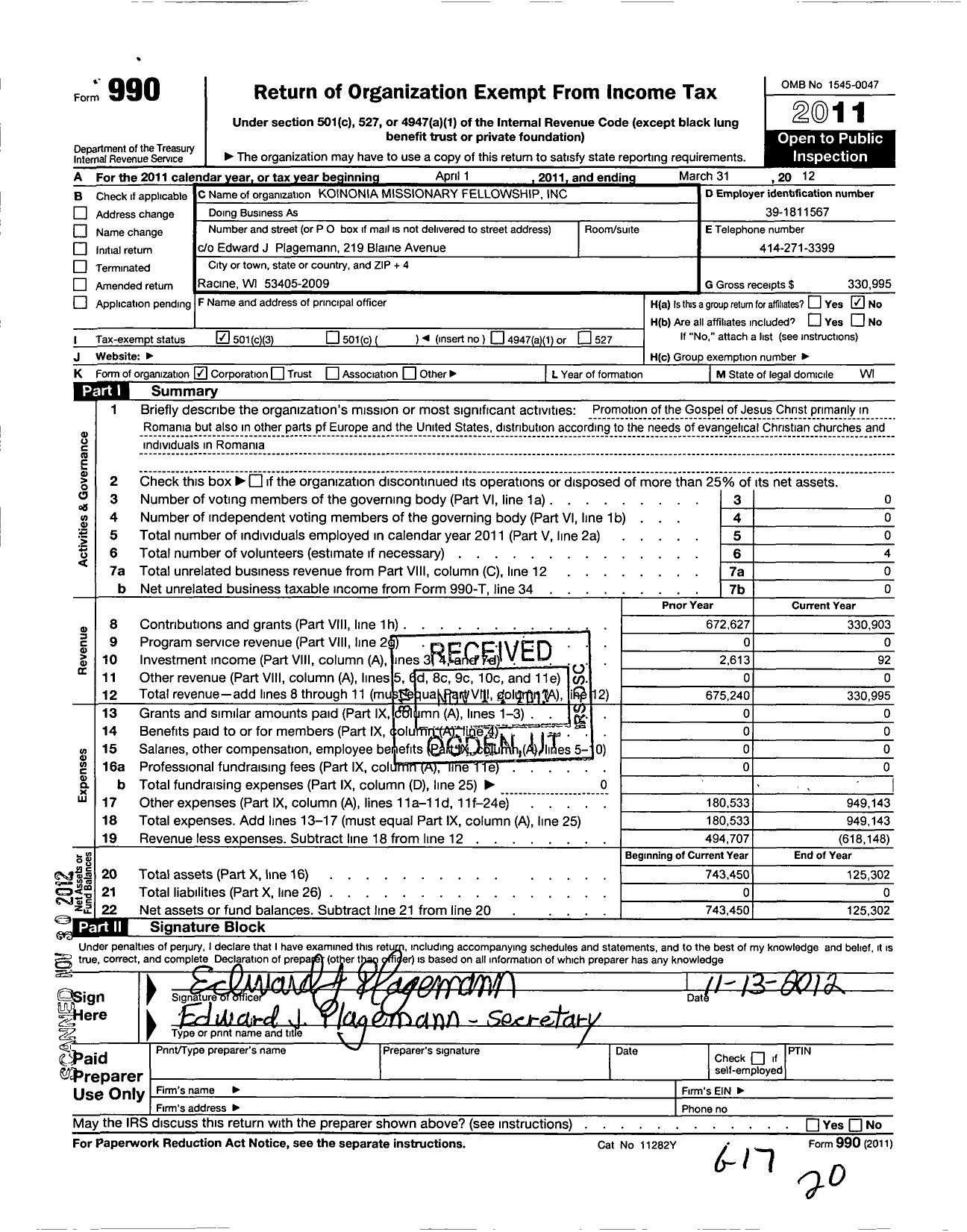 Image of first page of 2011 Form 990 for Koinonia Missionary Fellowship