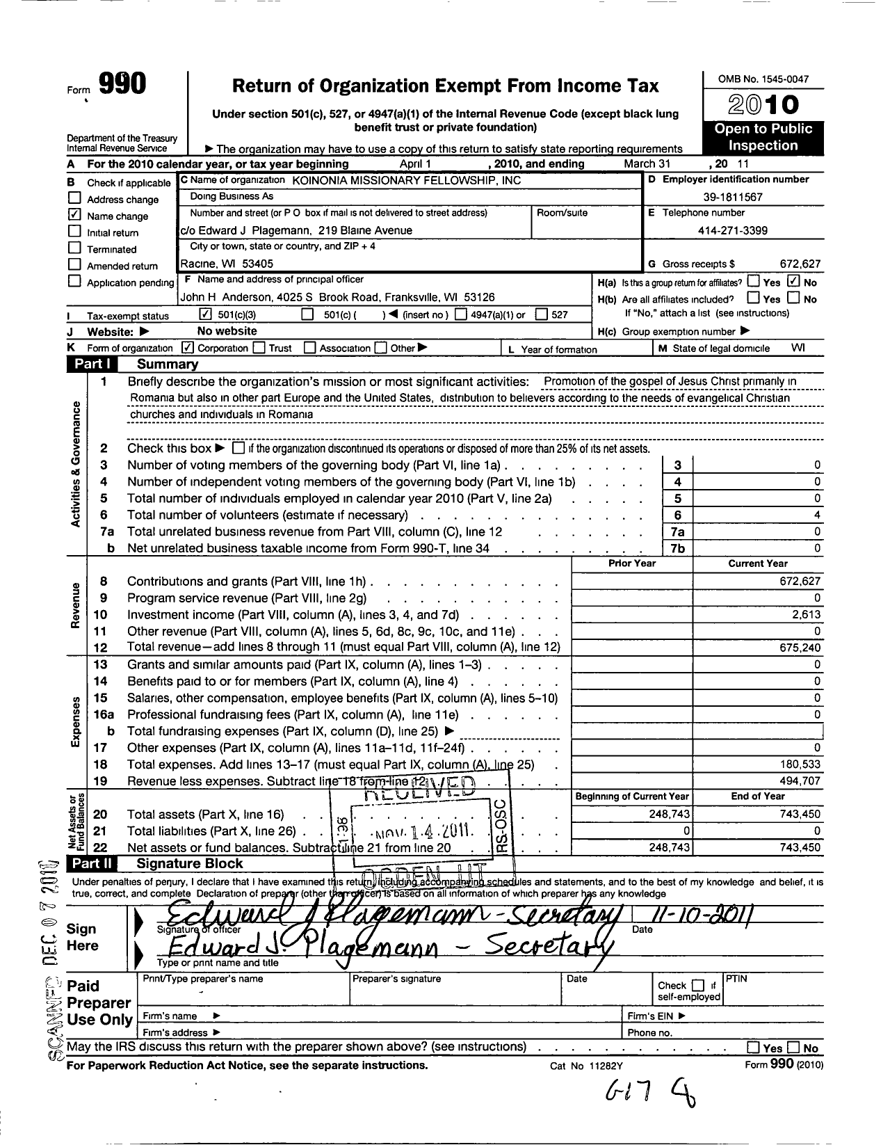 Image of first page of 2010 Form 990 for Koinonia Missionary Fellowship