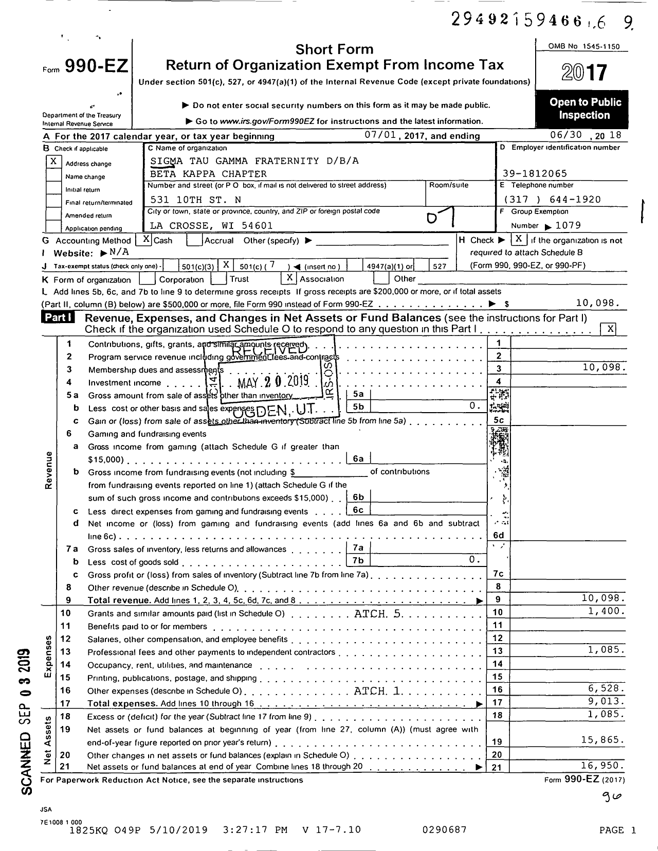 Image of first page of 2017 Form 990EO for Beta Kappa