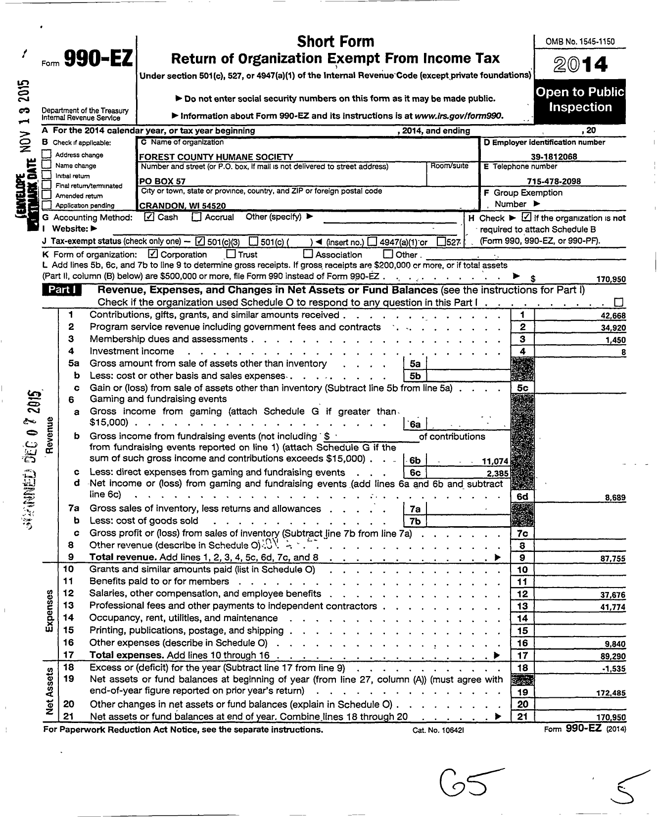 Image of first page of 2014 Form 990EZ for Forest County Humane Society